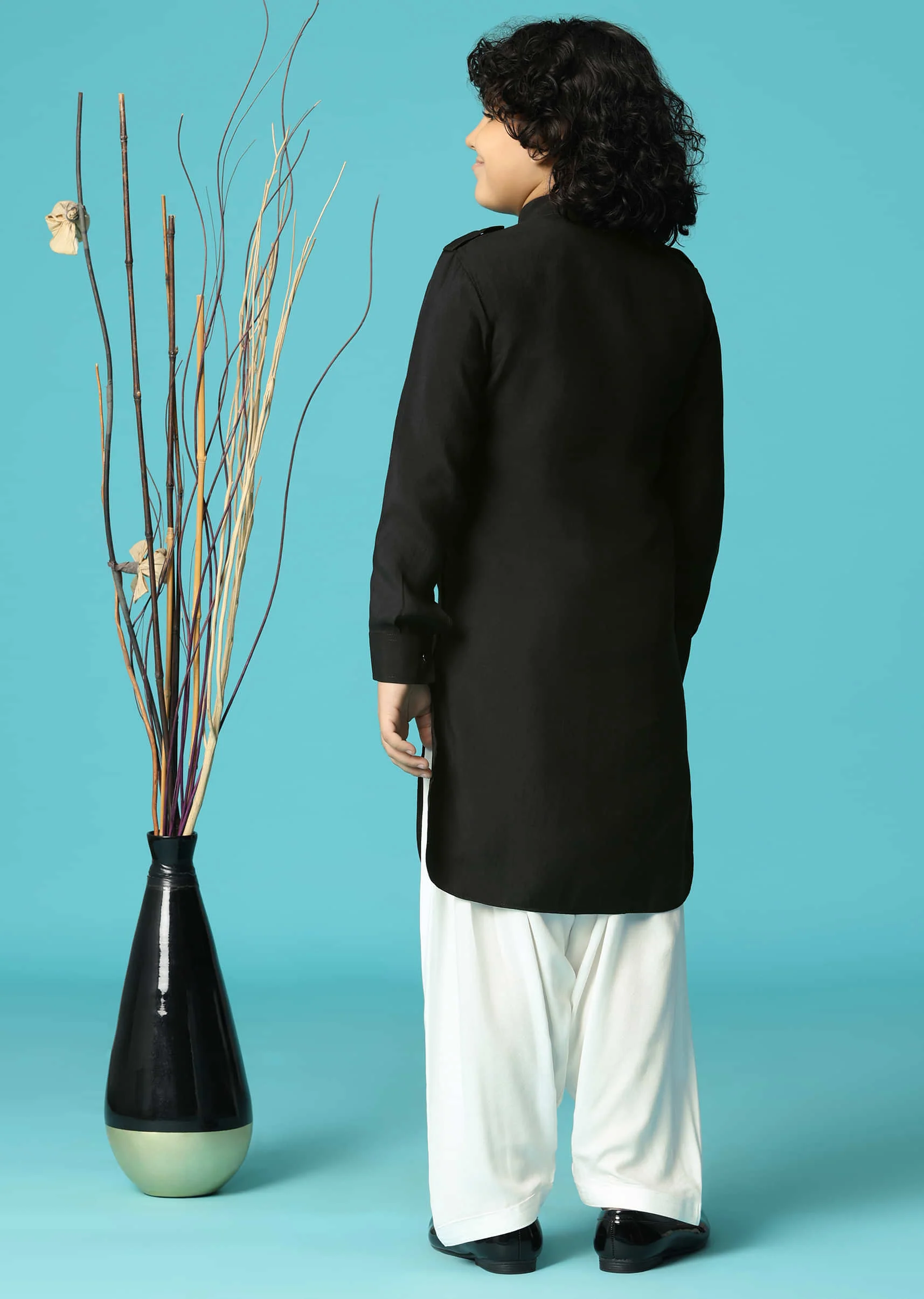 Black Embroidered Silk Kurta Salwar For Boys - Image 5