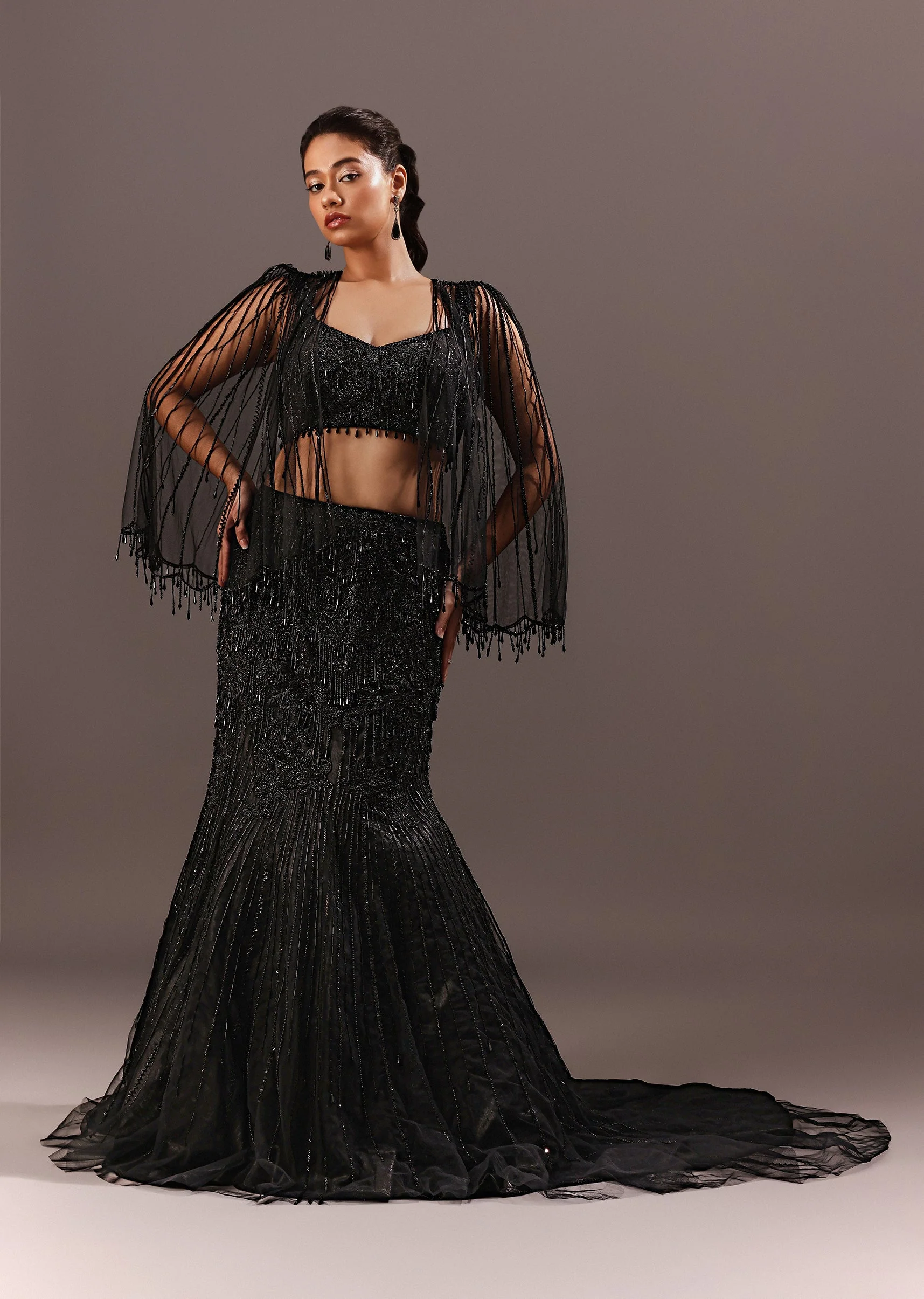 Black Embroidery Fish Cut Lehenga With Embroidered Blouse And Cape - Image 3