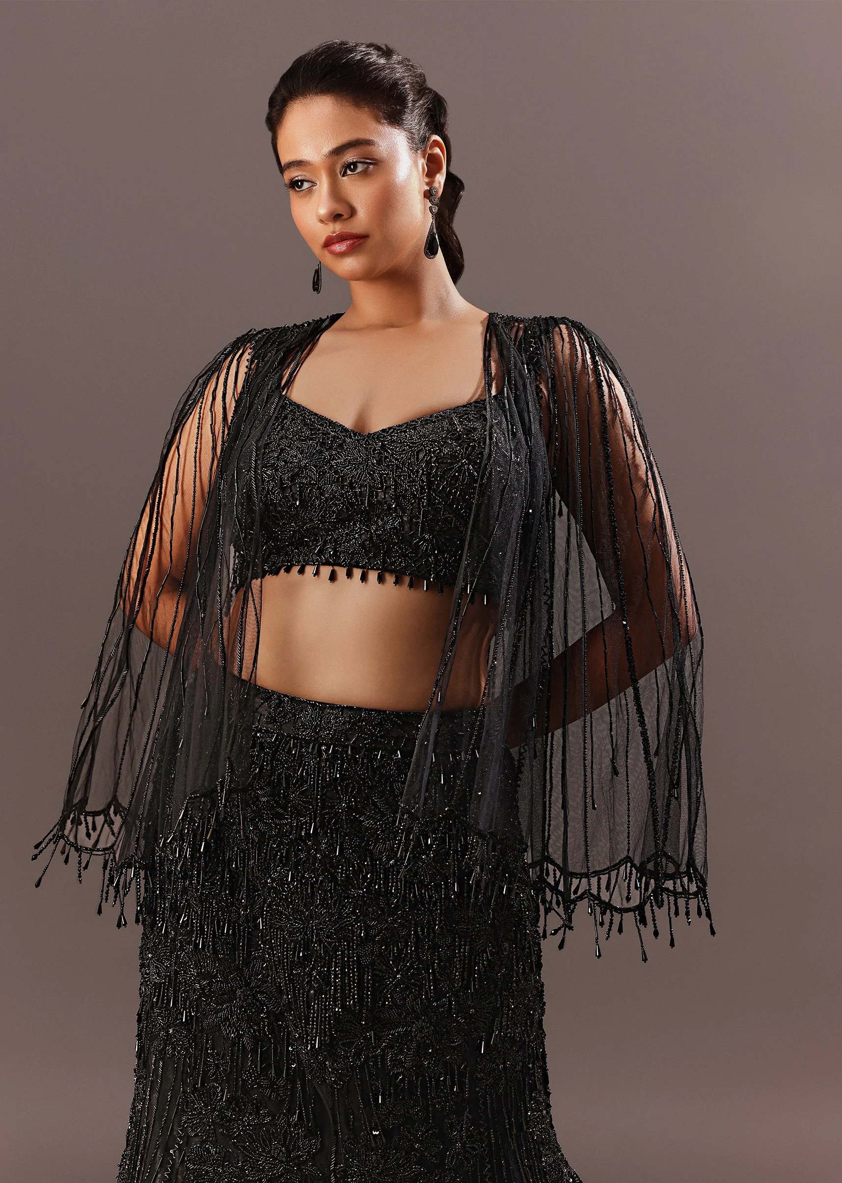 Black Embroidery Fish Cut Lehenga With Embroidered Blouse And Cape - Image 4