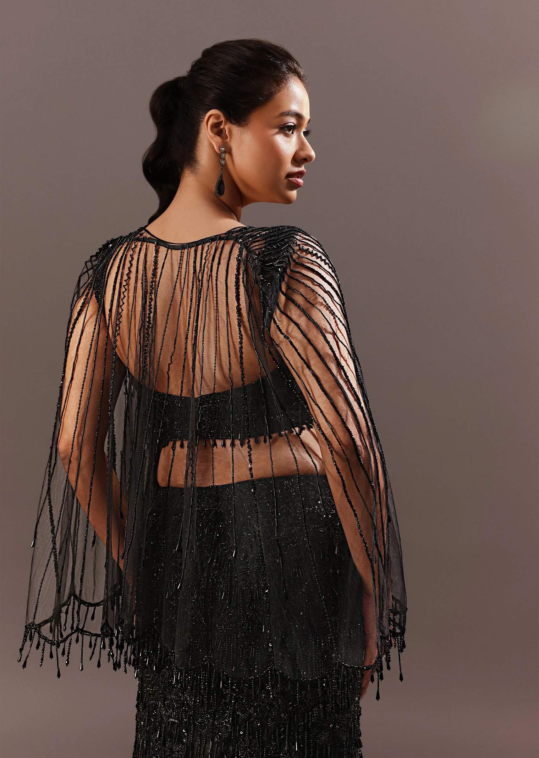 Black Embroidery Fish Cut Lehenga With Embroidered Blouse And Cape - Image 6