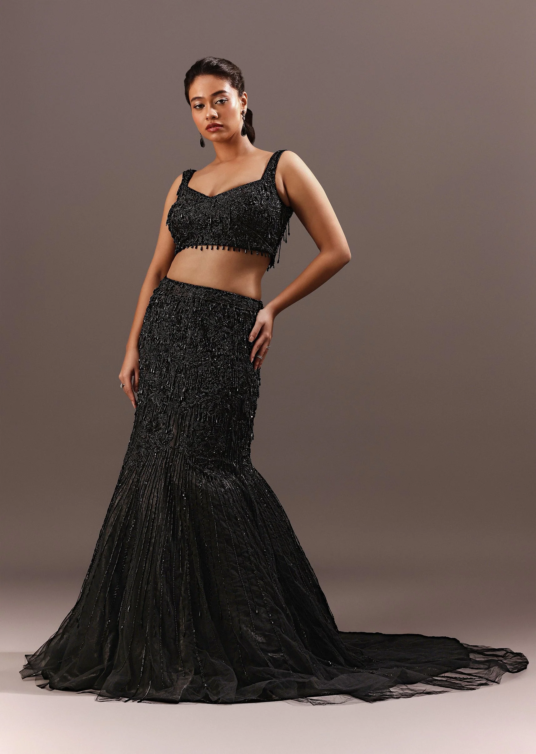 Black Embroidery Fish Cut Lehenga With Embroidered Blouse And Cape - Image 7