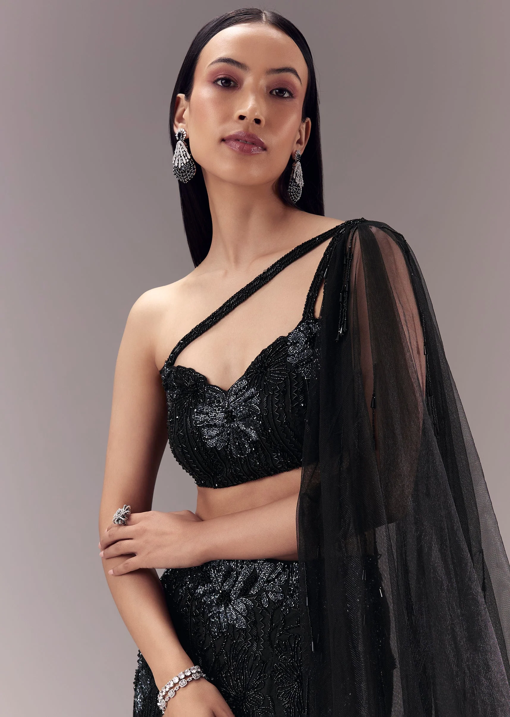 Black Fishcut Lehenga with Draped Blouse - Image 3