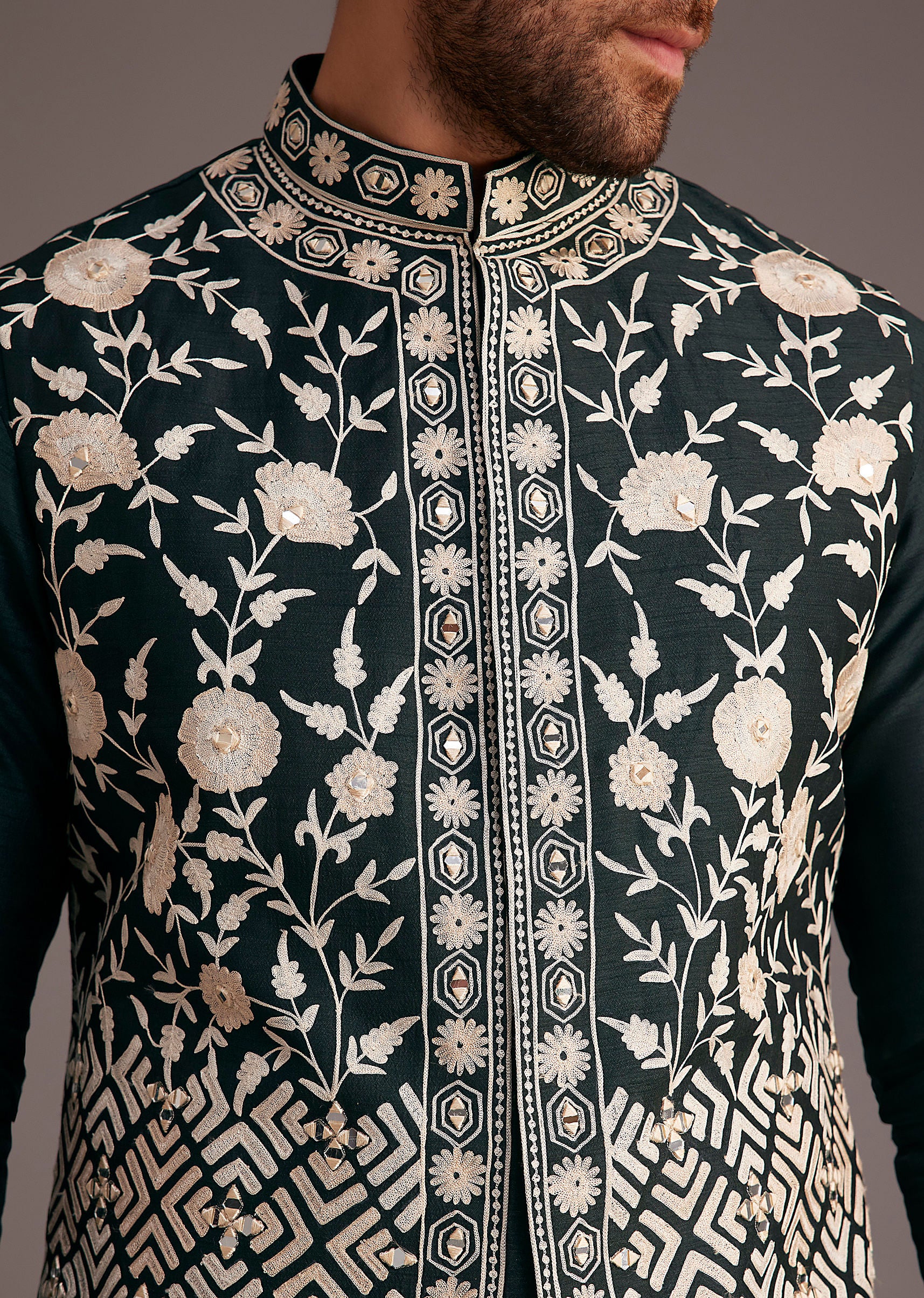 Black Floral Embroidered Jacket Kurta Set - Image 3