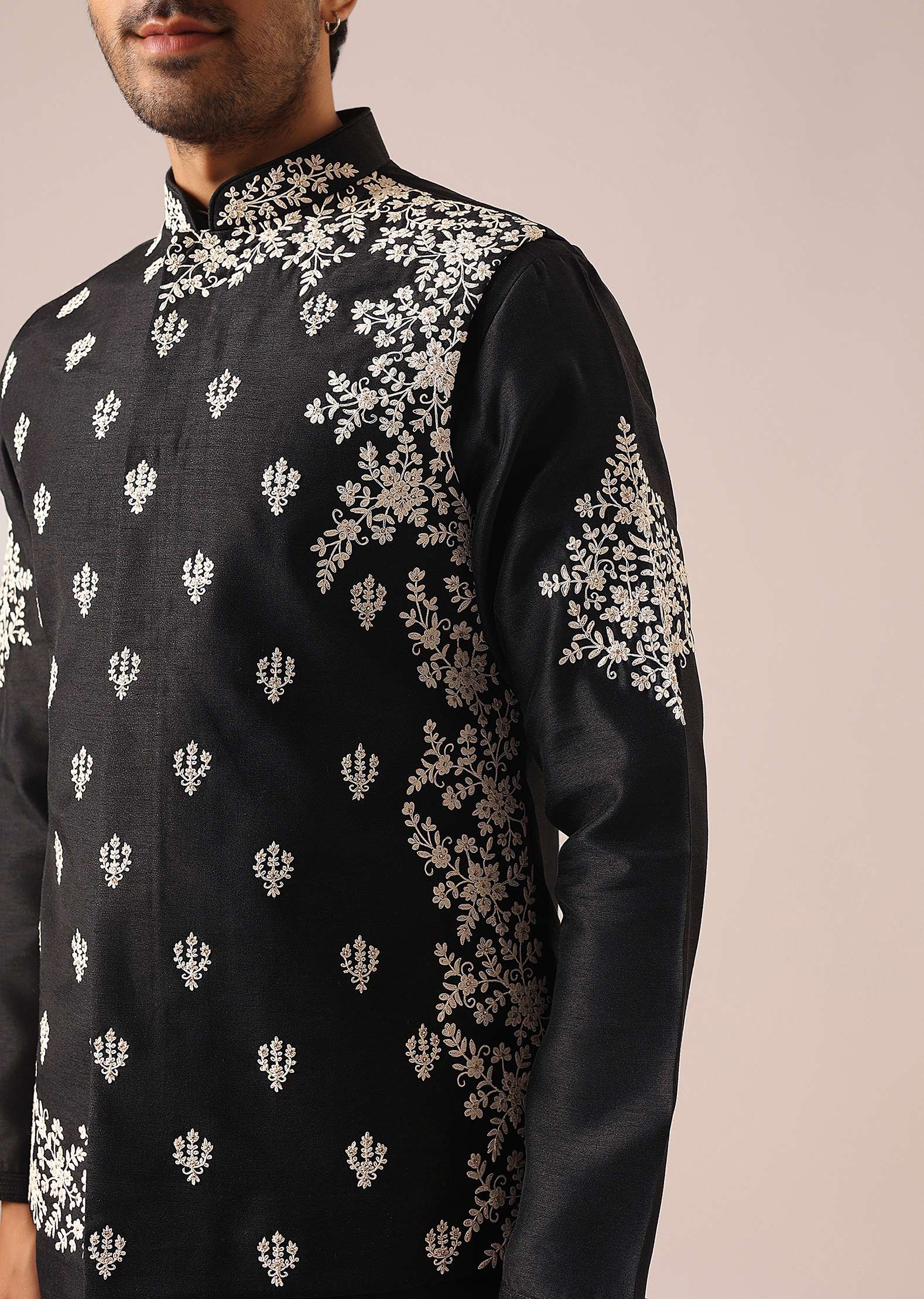 Black Floral Jacket And Kurta Set - Image 2