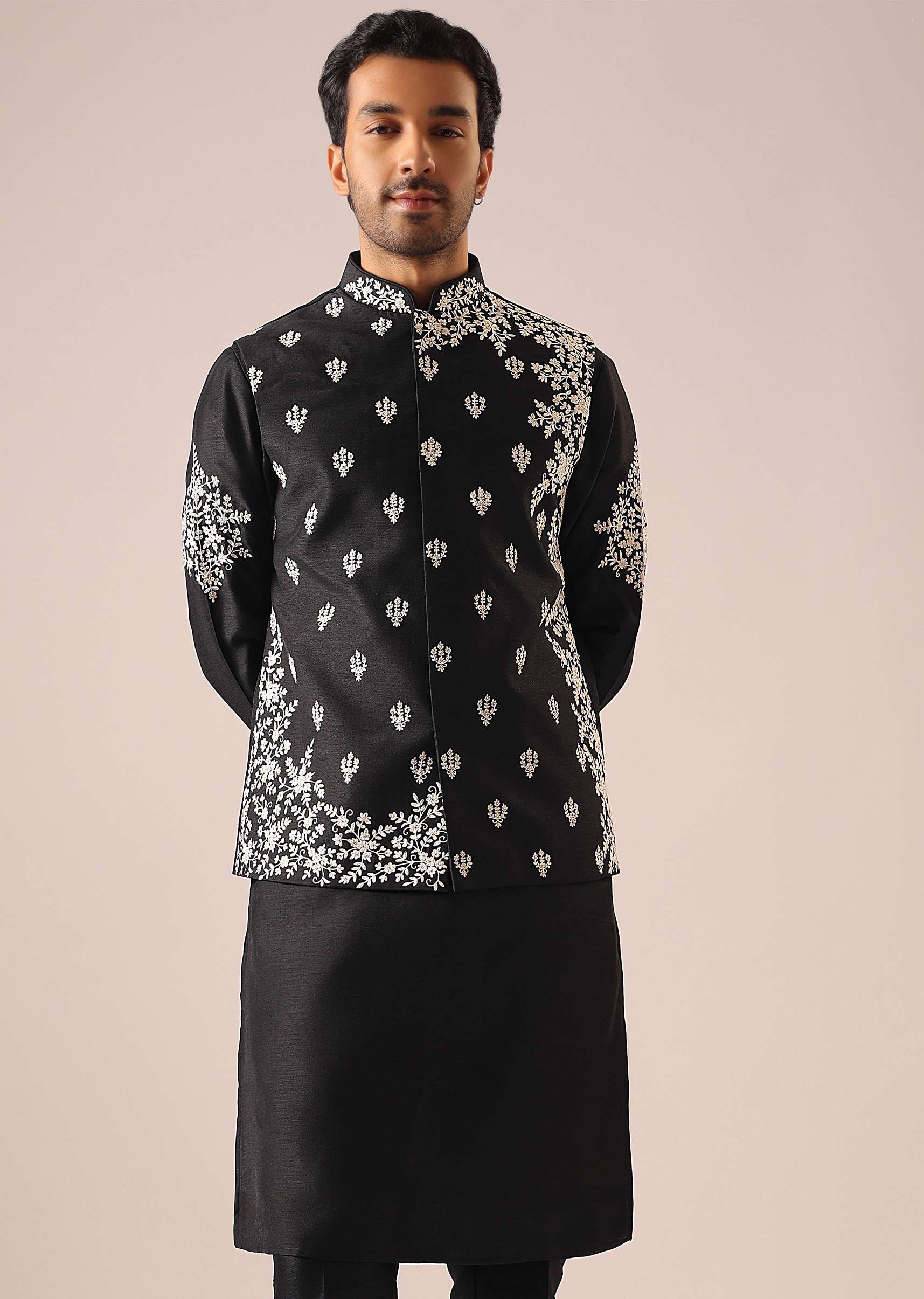 Black Floral Jacket And Kurta Set - Image 4