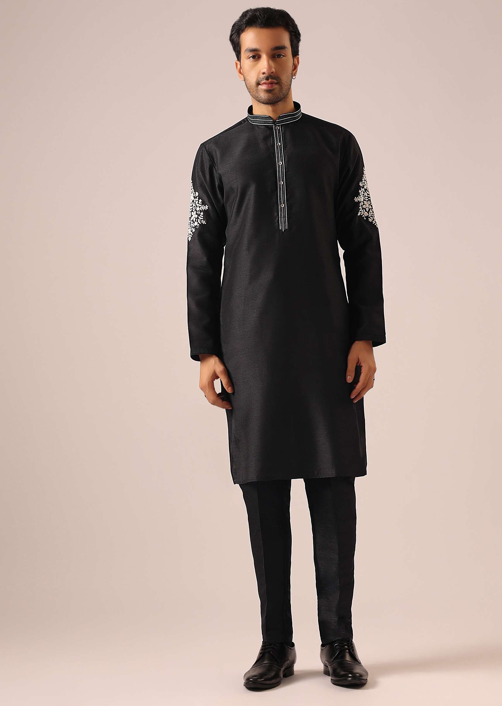 Black Floral Jacket And Kurta Set - Image 6