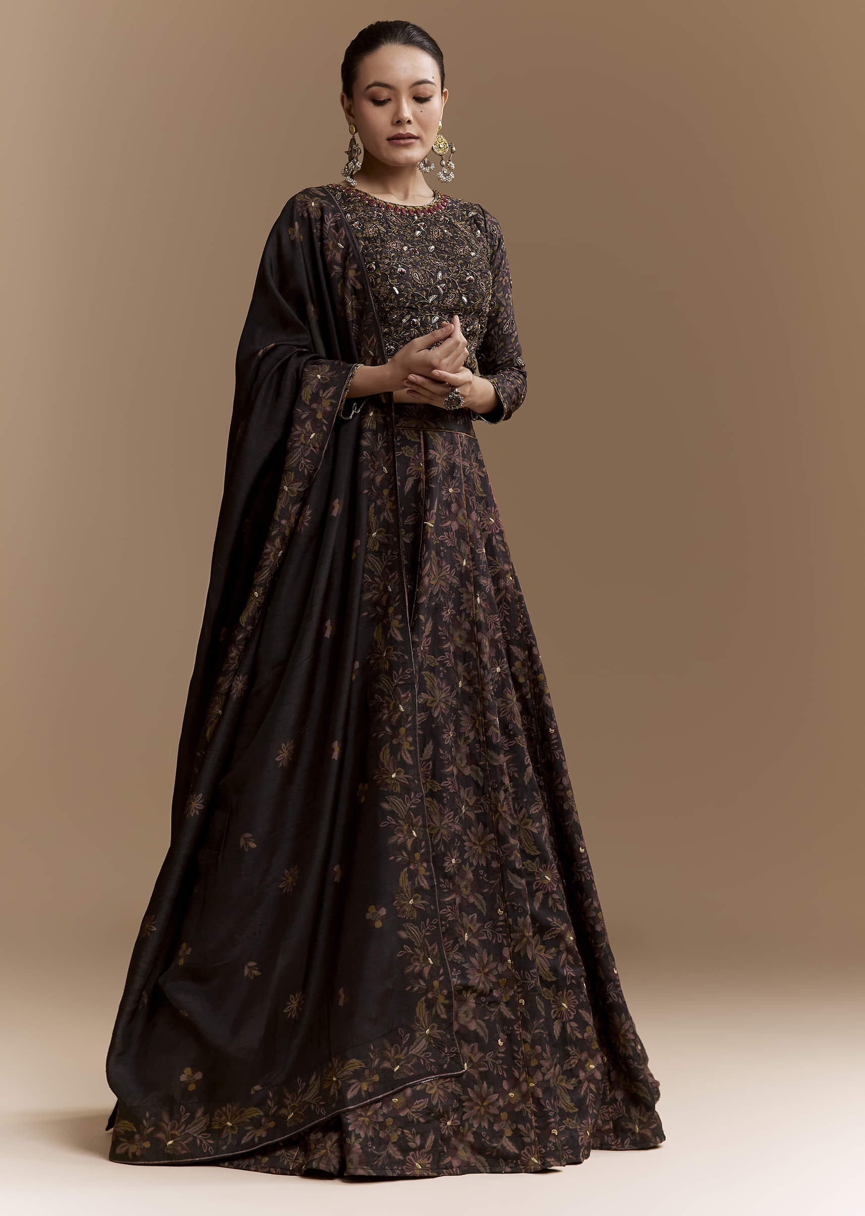 Black Floral Print Silk Bridesmaids Lehenga Set with Dupatta - Image 4