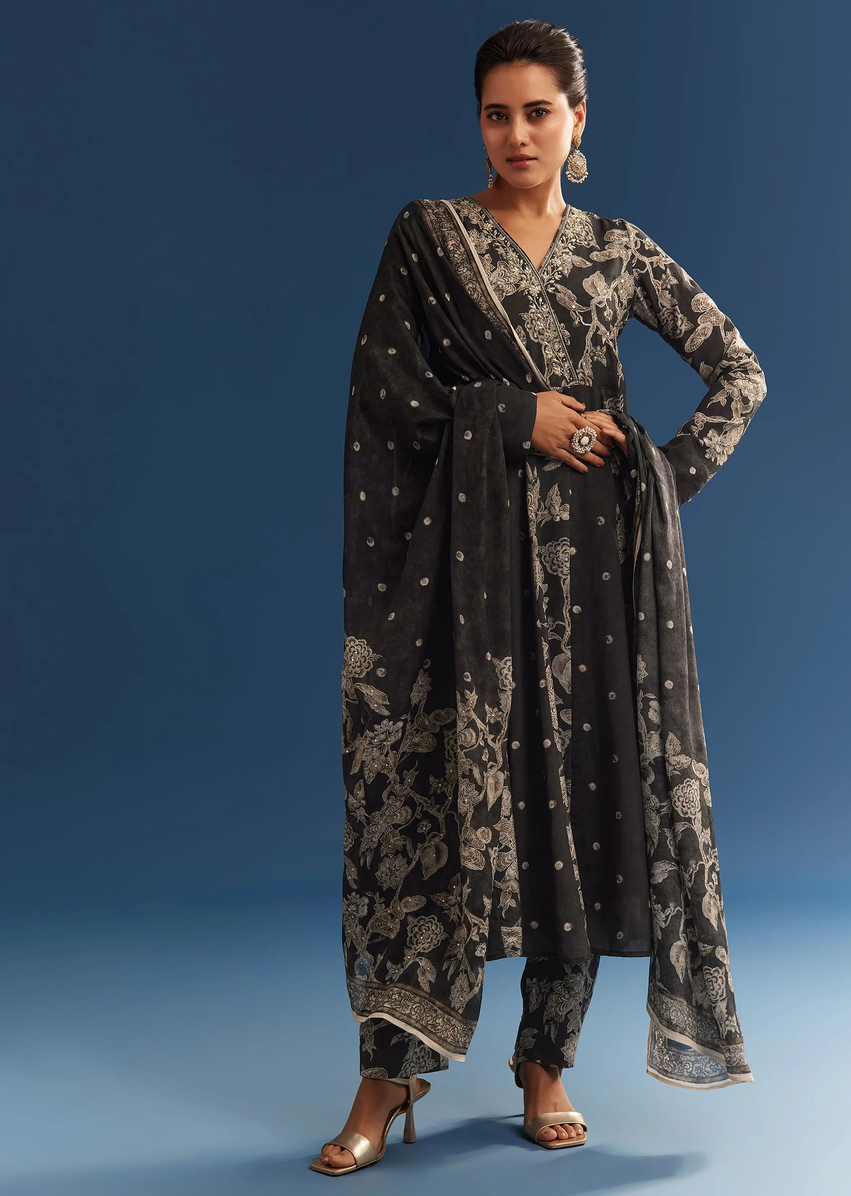 Black Floral Printed Crepe Anarkali Set With Embroidered Neckline - Image 3