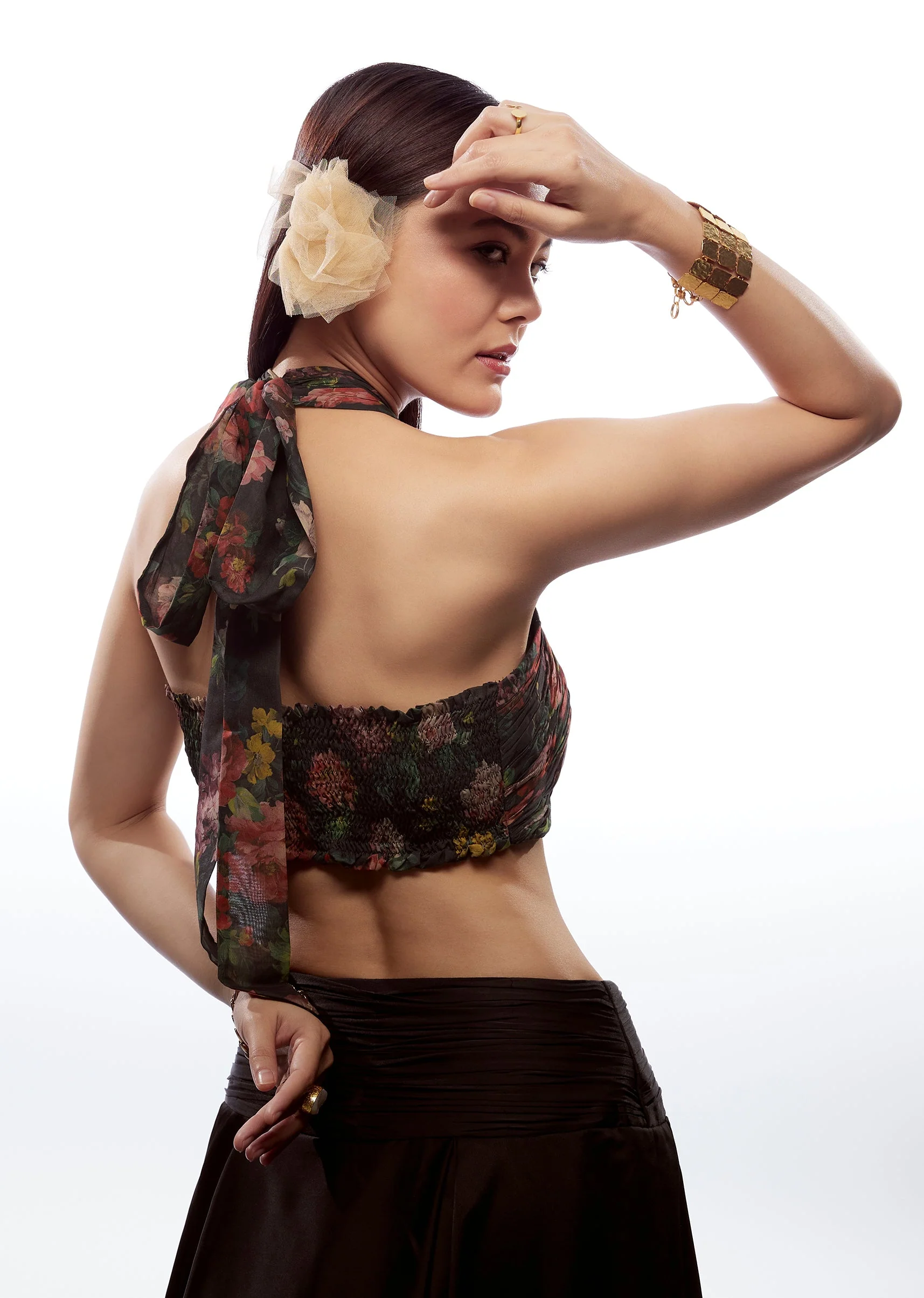 Black Floral Printed Pleated Halter Neck Blouse - Image 2