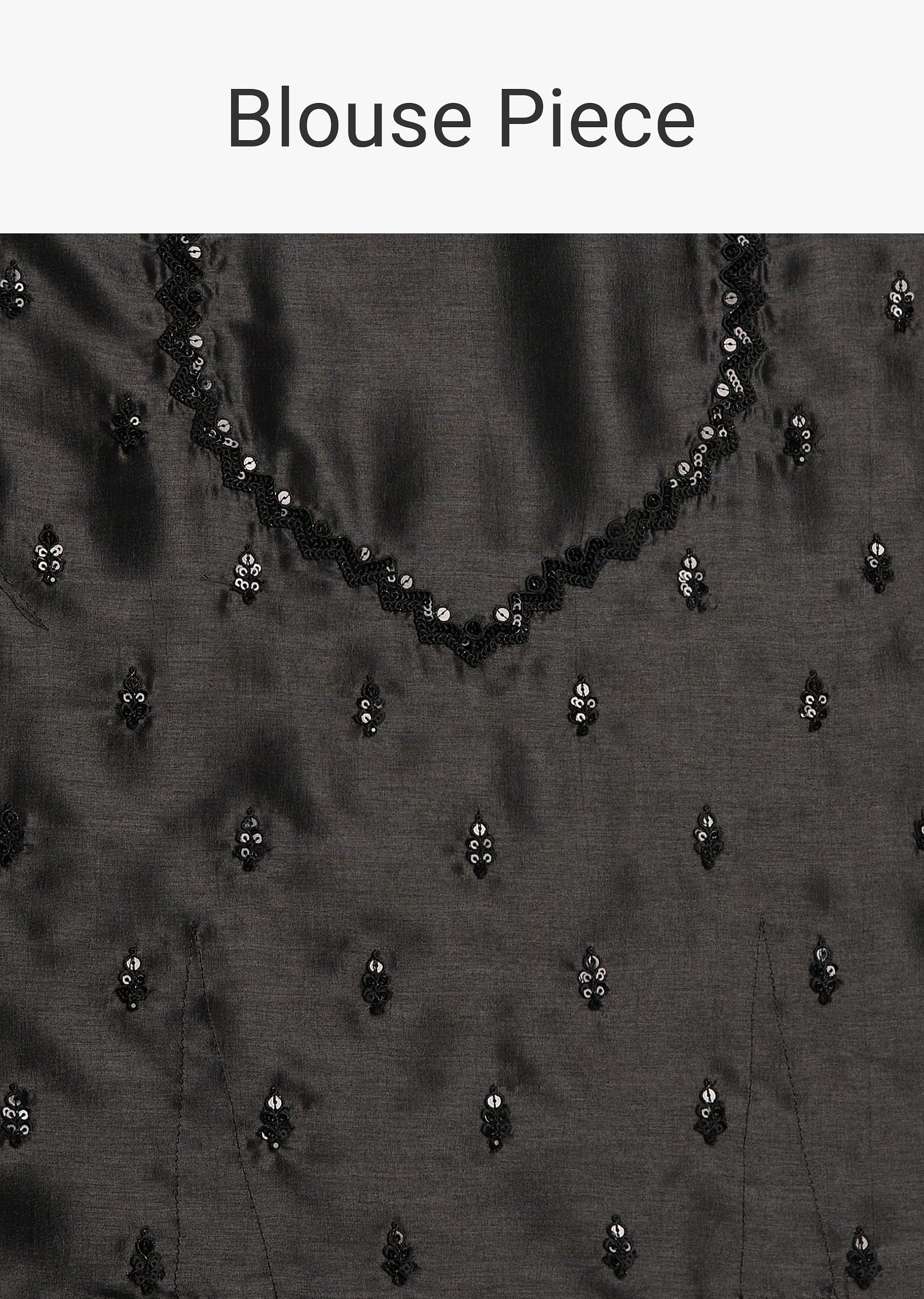 Black Floral Printed Satin Saree With Sequins Lace Border - Image 10
