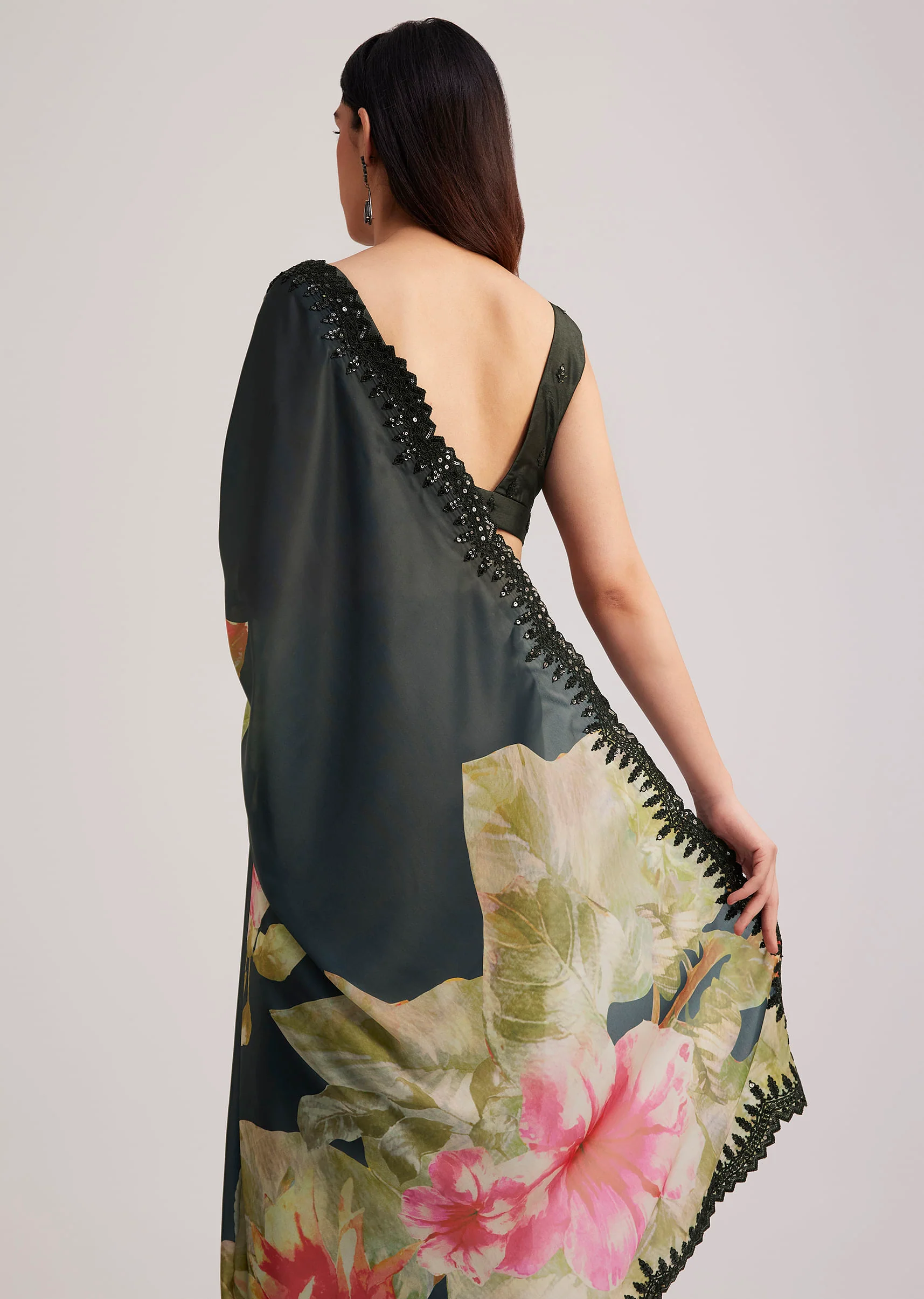 Black Floral Printed Satin Saree With Sequins Lace Border - Image 4