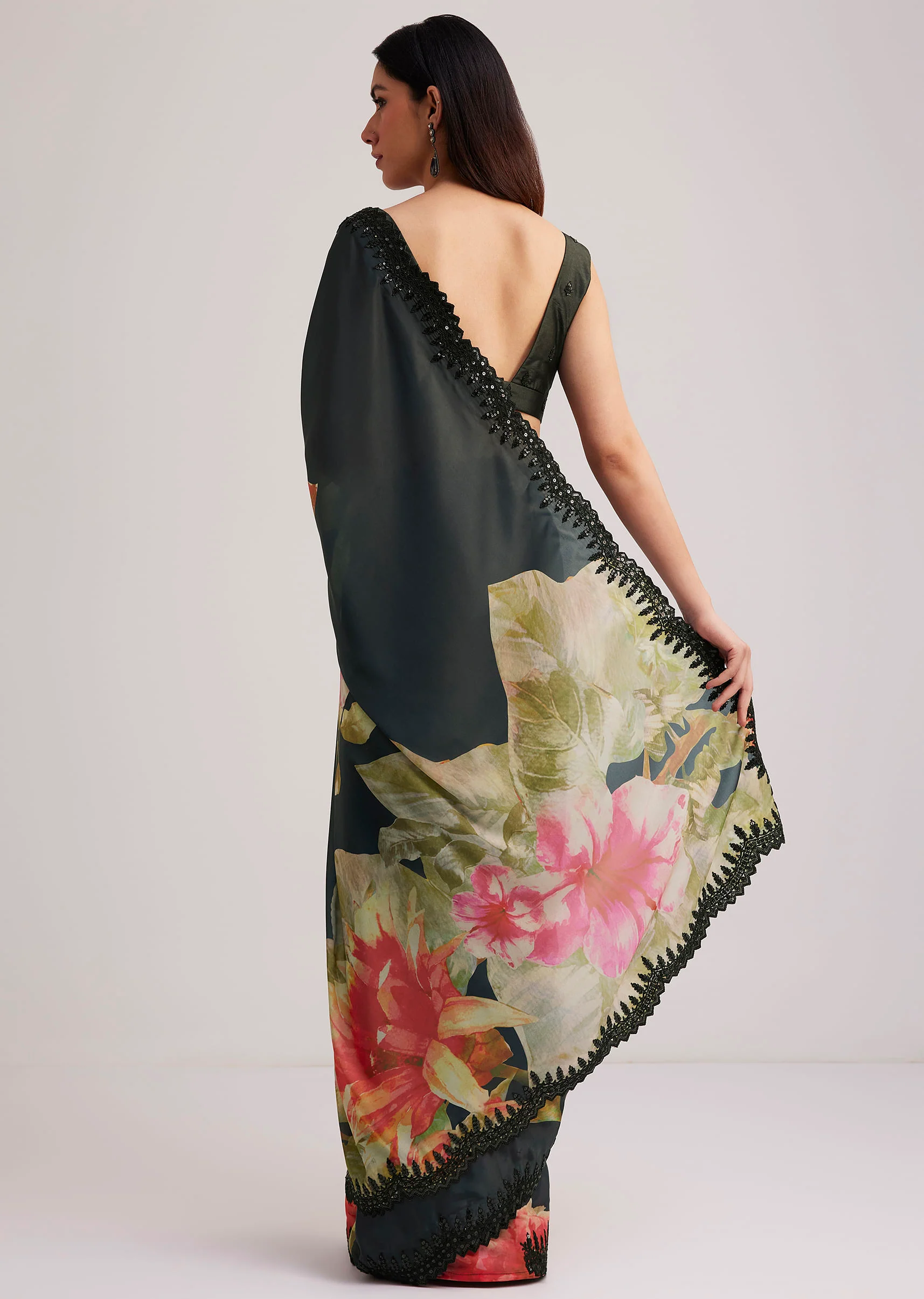 Black Floral Printed Satin Saree With Sequins Lace Border - Image 6
