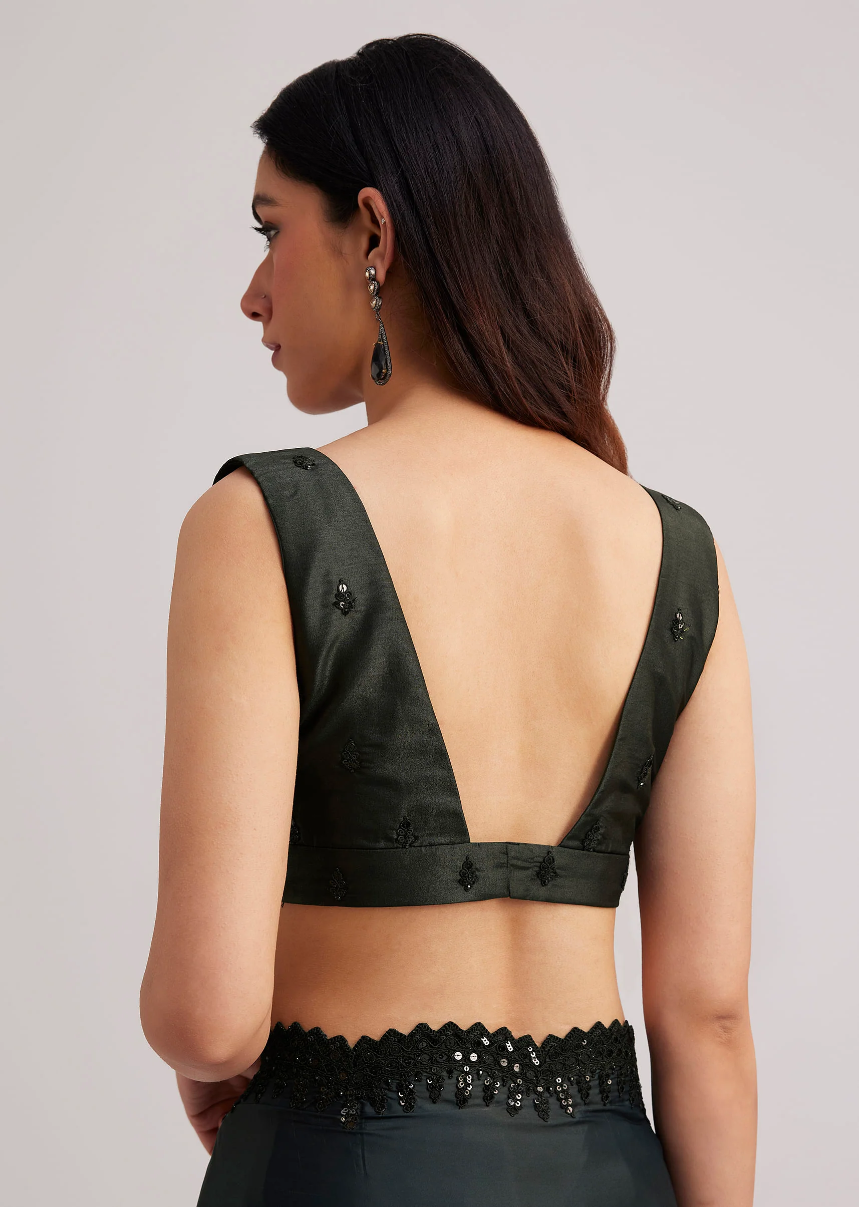 Black Floral Printed Satin Saree With Sequins Lace Border - Image 8
