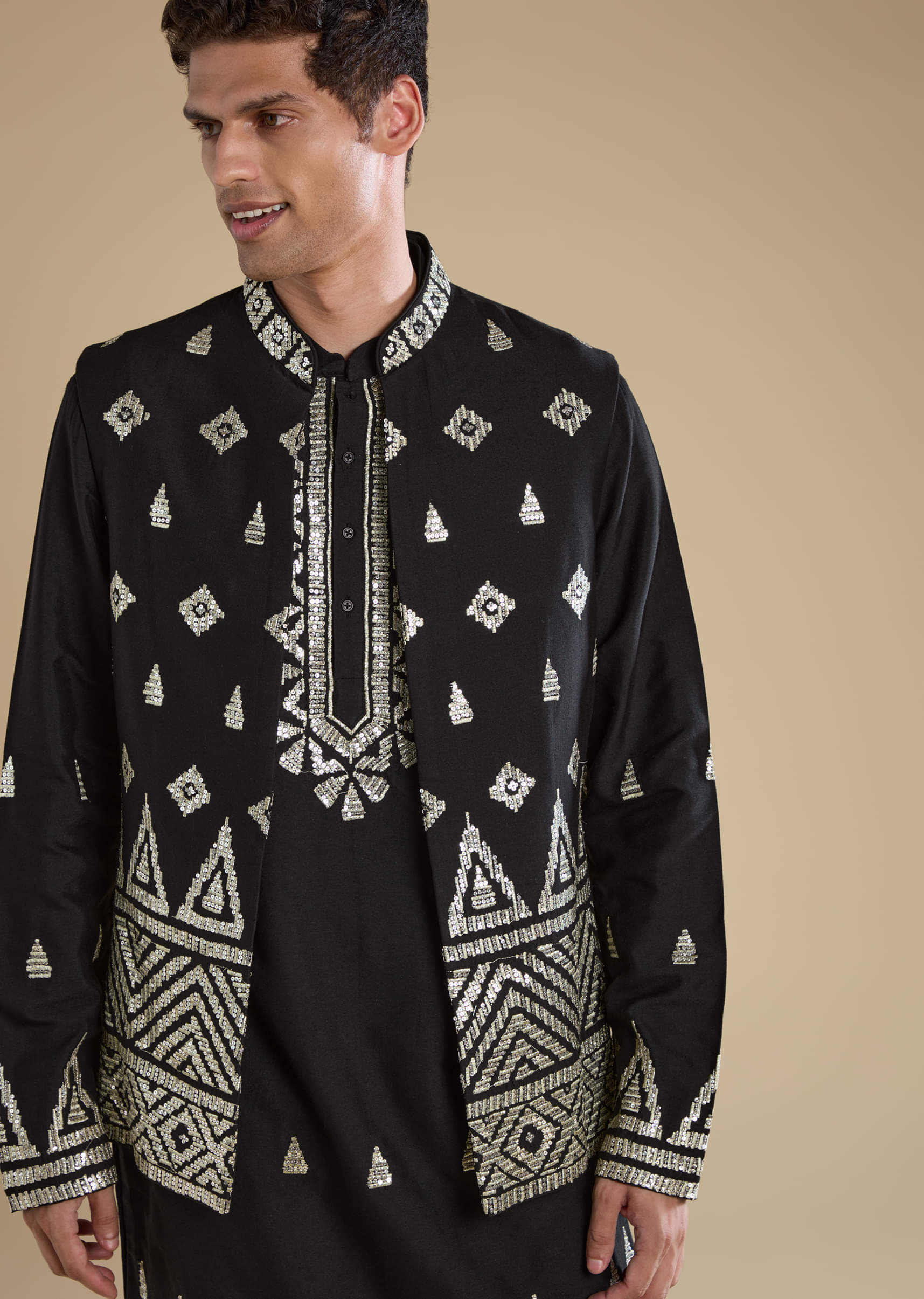 Black Foil Applique Mens Jacket Kurta and Pant Set - Image 2
