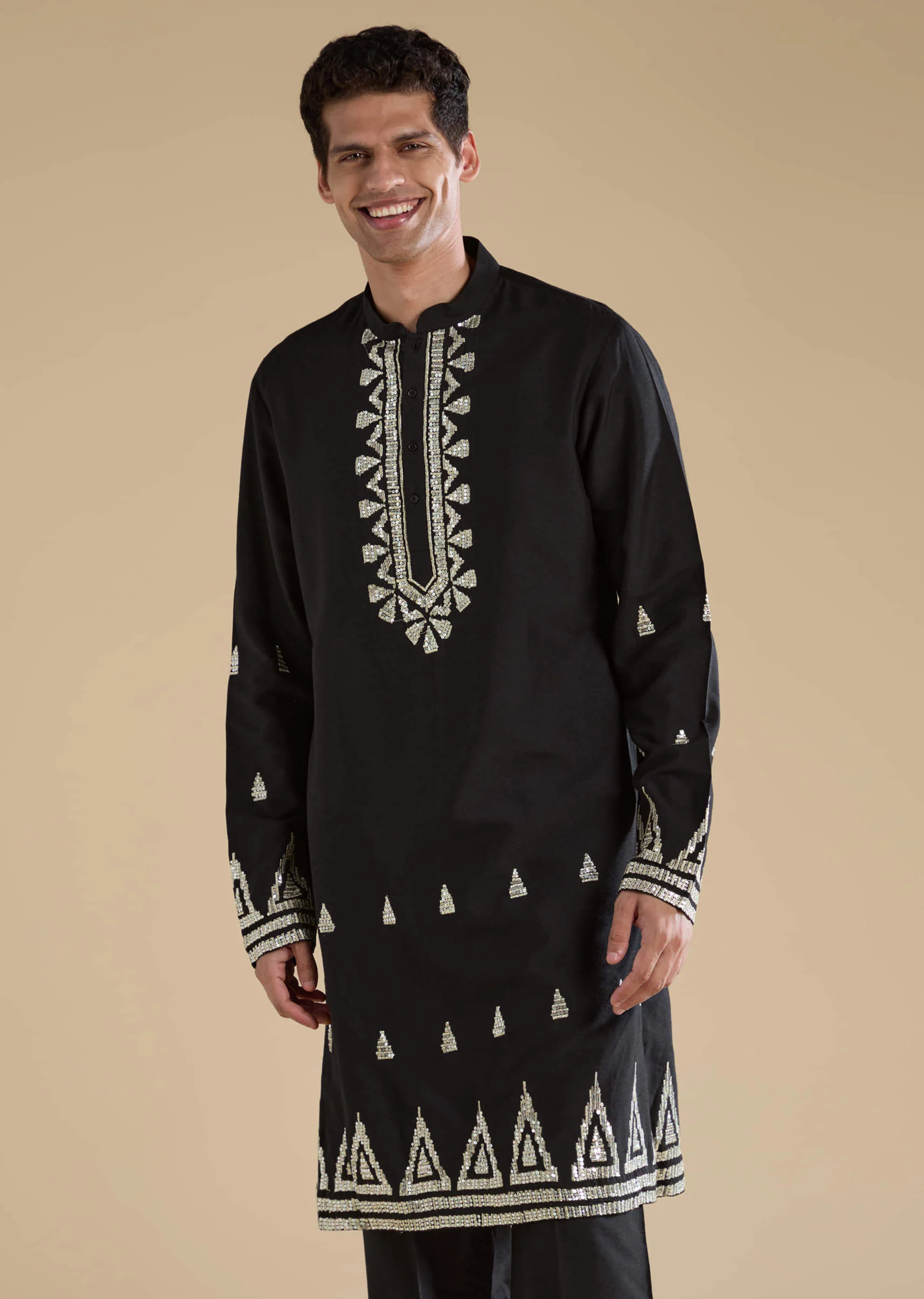 Black Foil Applique Mens Jacket Kurta and Pant Set - Image 6