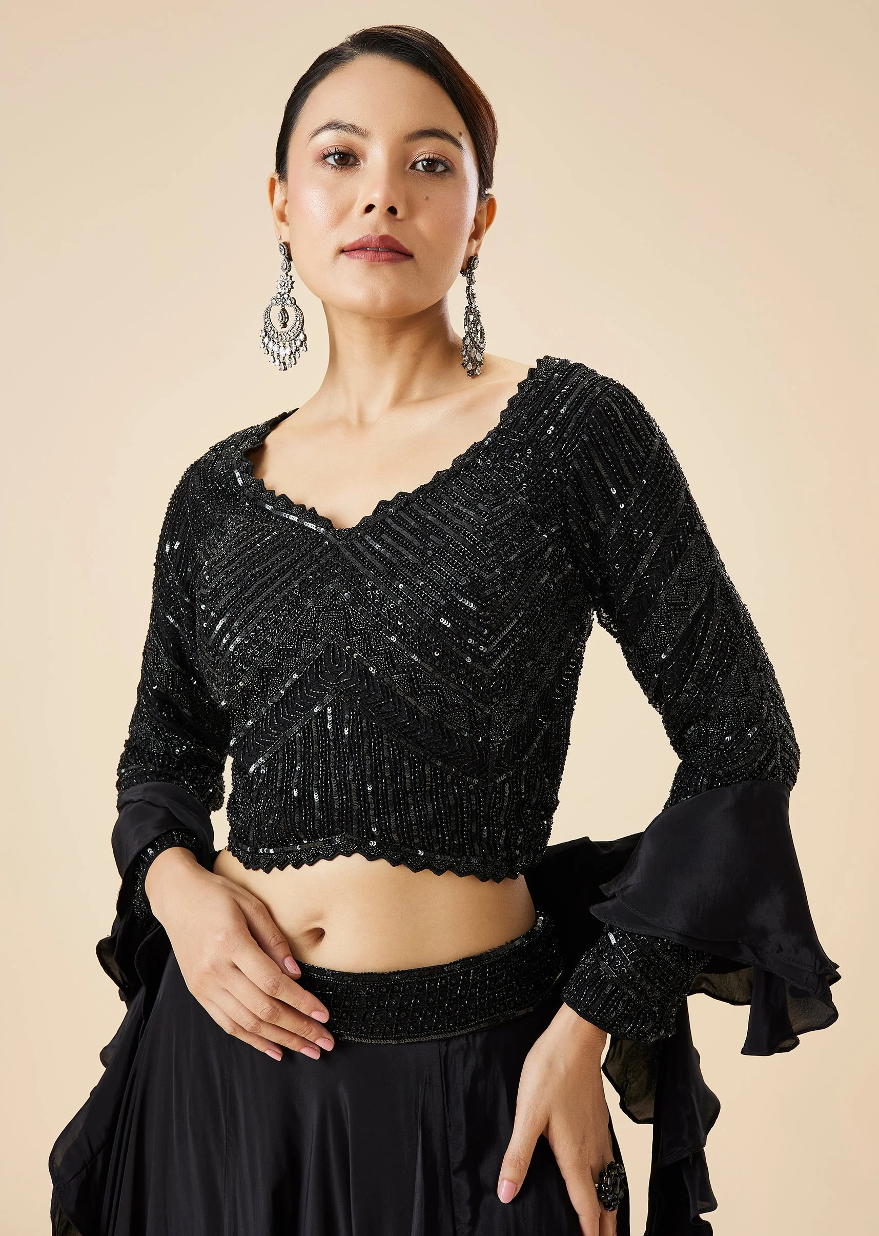 Black Fusion Lehenga Set With Ruffle Dupatta - Image 3
