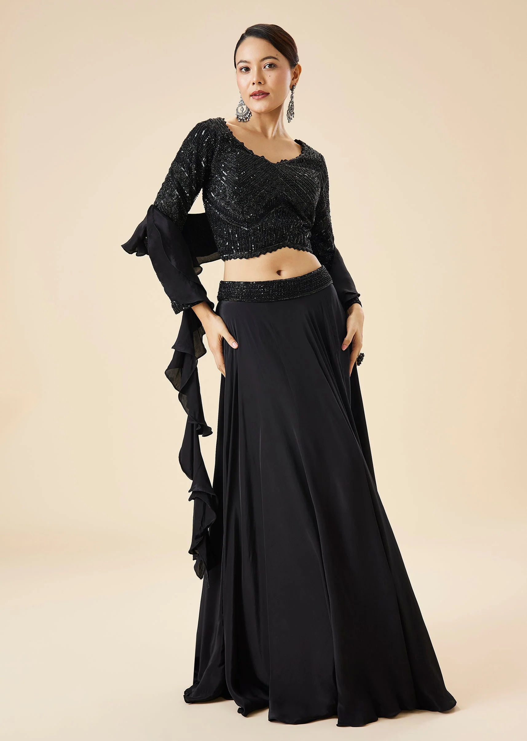 Black Fusion Lehenga Set With Ruffle Dupatta - Image 4