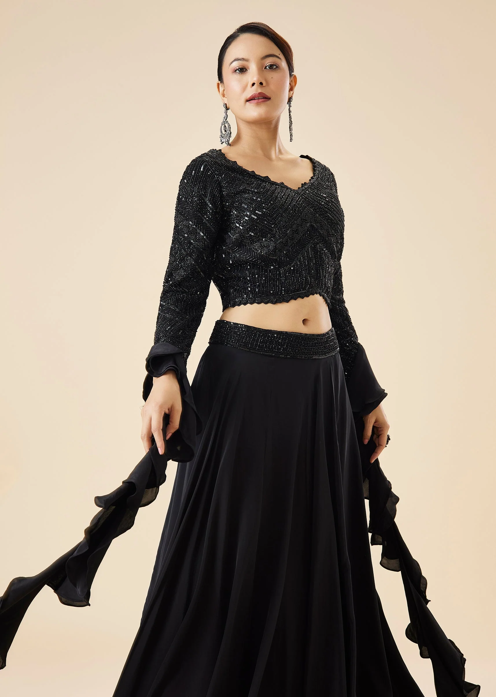 Black Fusion Lehenga Set With Ruffle Dupatta - Image 5