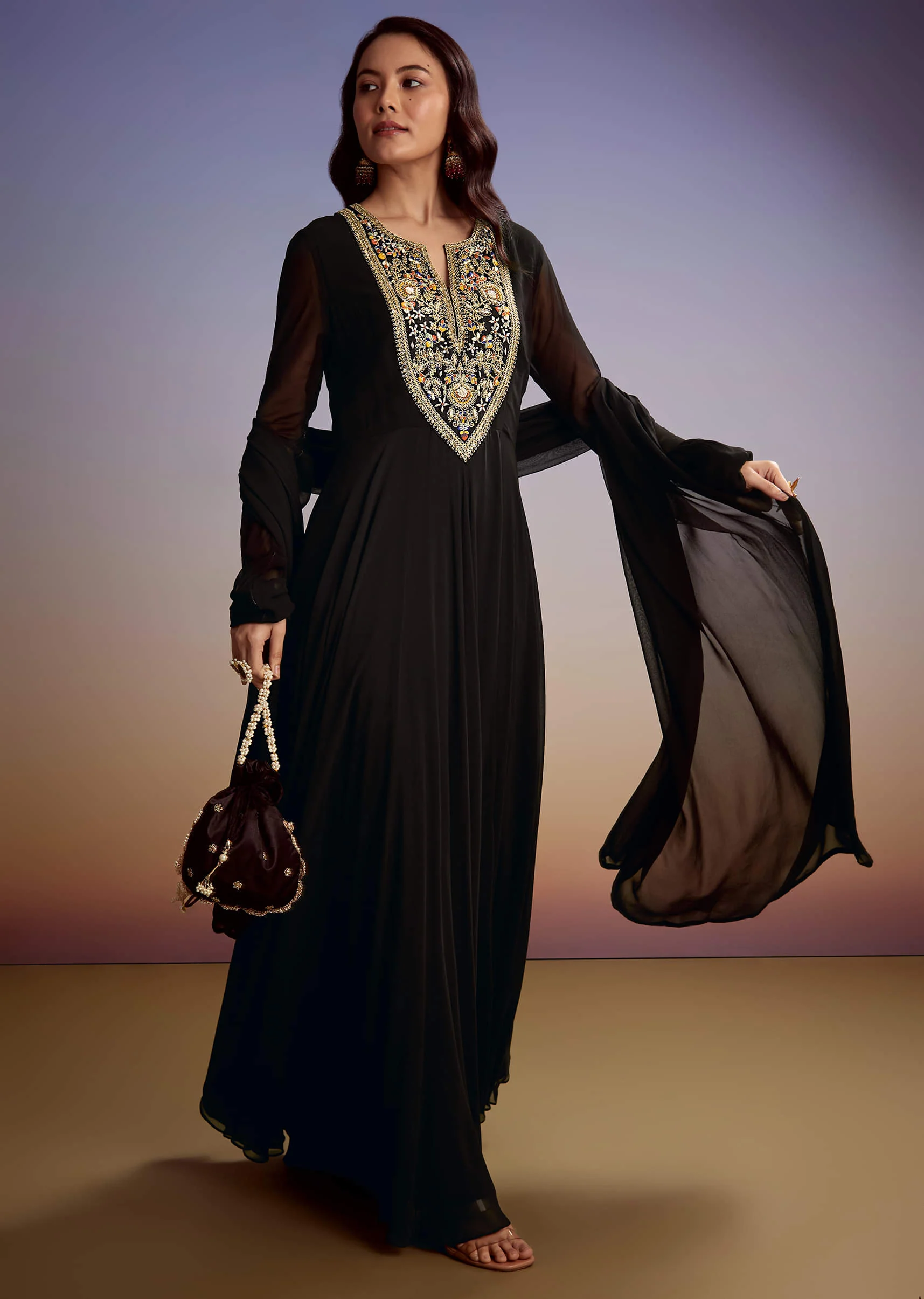 Black Georgette Anarkali Suit With Zari And Sequins Work - Image 3