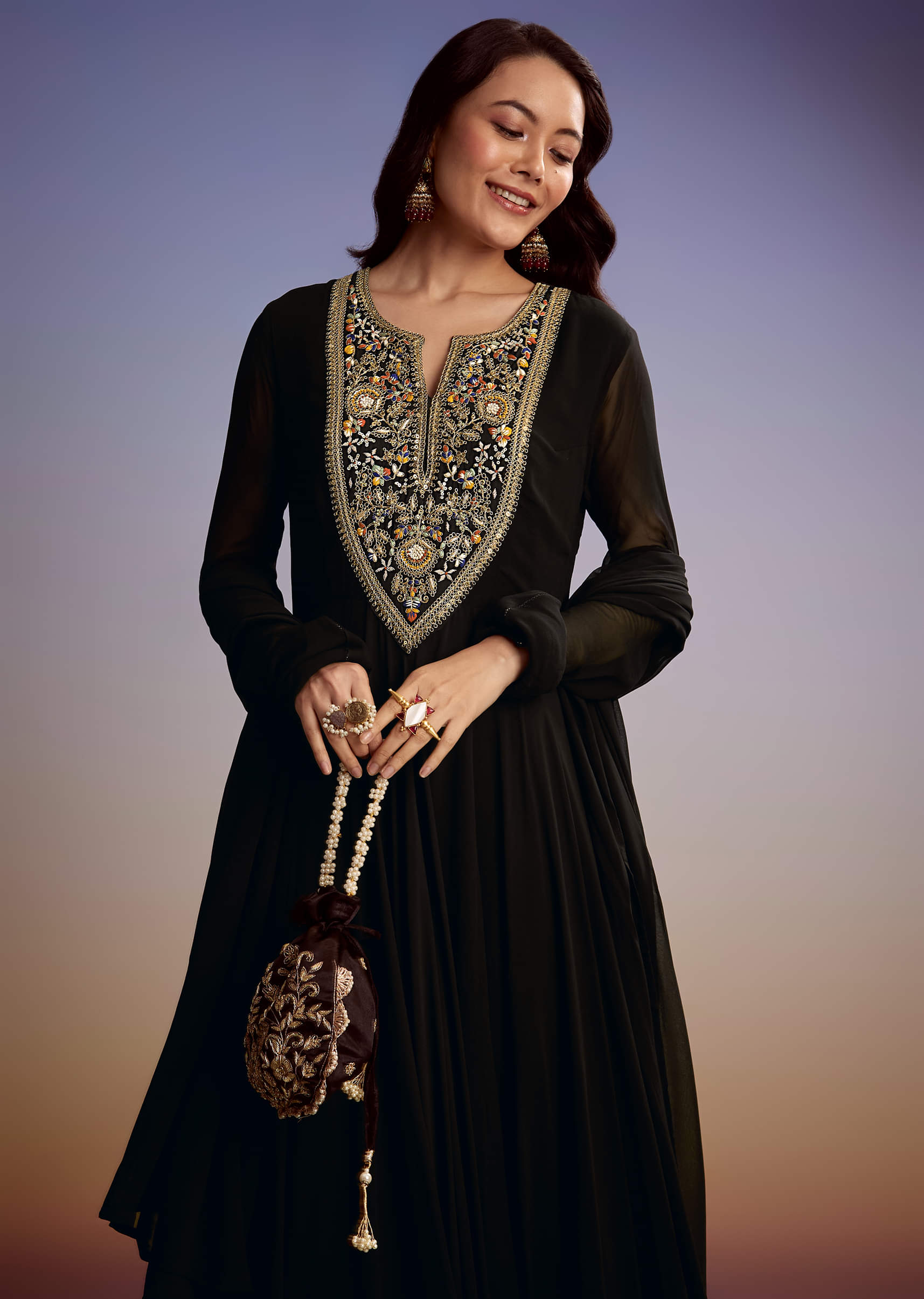 Black Georgette Anarkali Suit With Zari And Sequins Work - Image 4