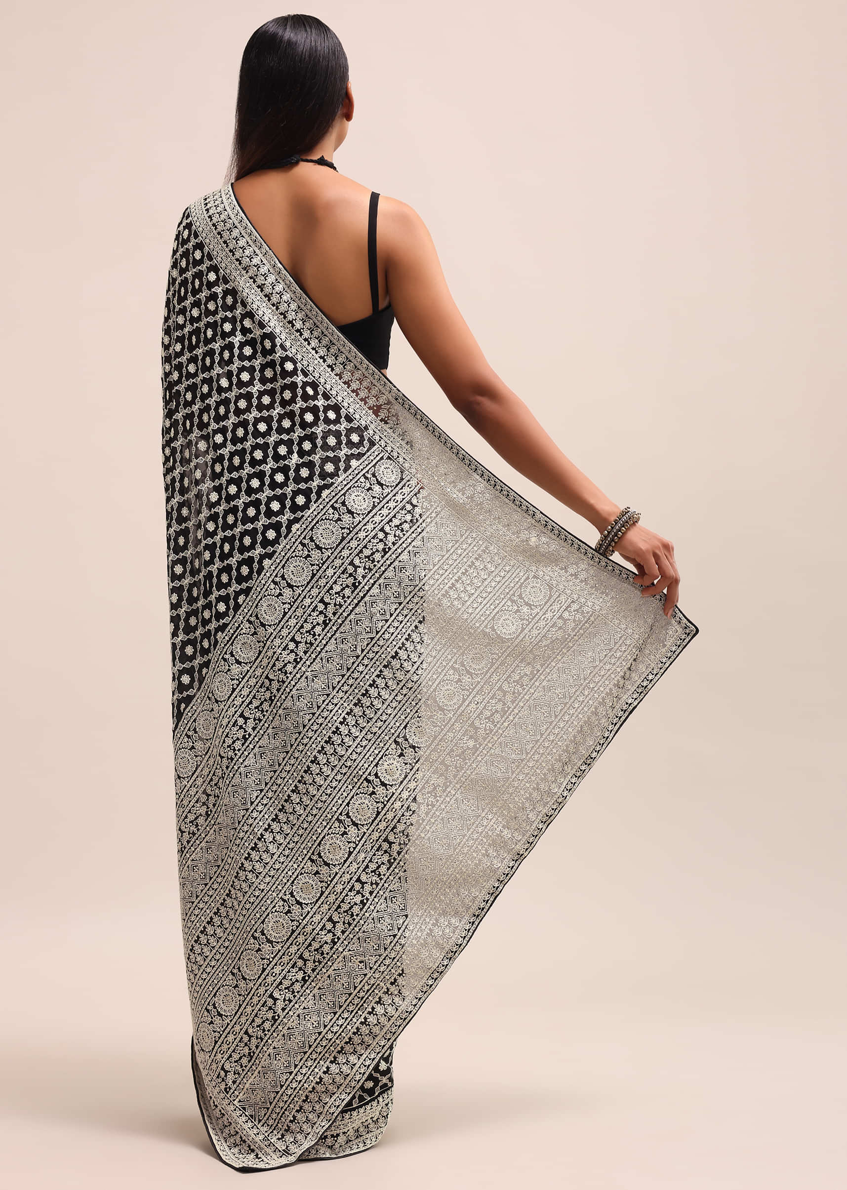 Black Georgette Chikankari Saree With Unstitiched Blouse - Image 4