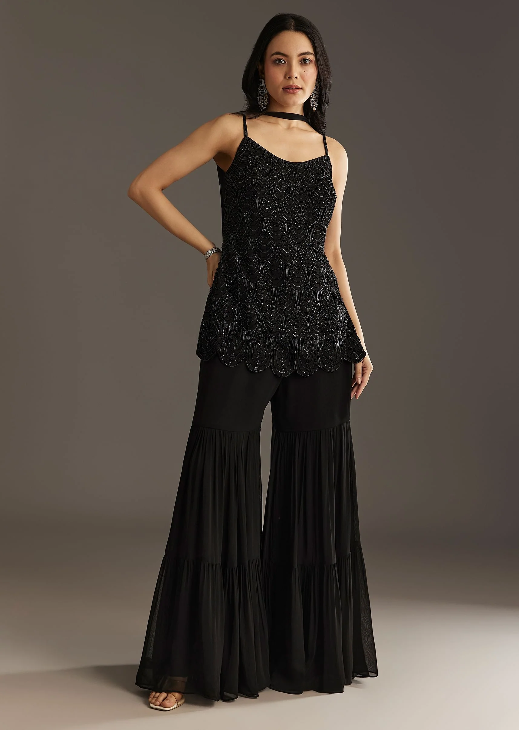 Black Georgette Kurta With Cut Dana And Moti Work And Tassel Dupatta - Image 4