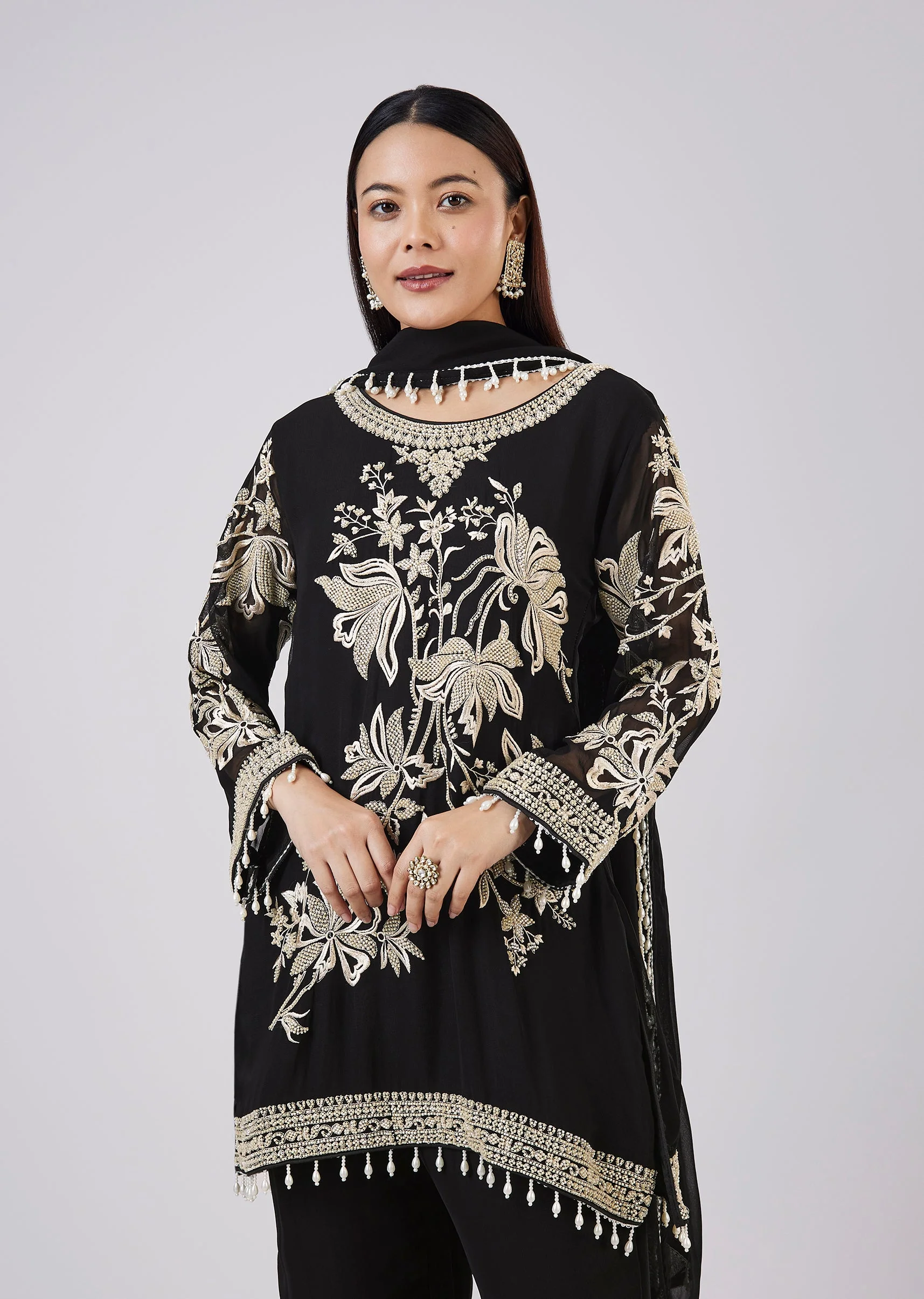Black Georgette Palazzo Set With Resham Work - Image 4