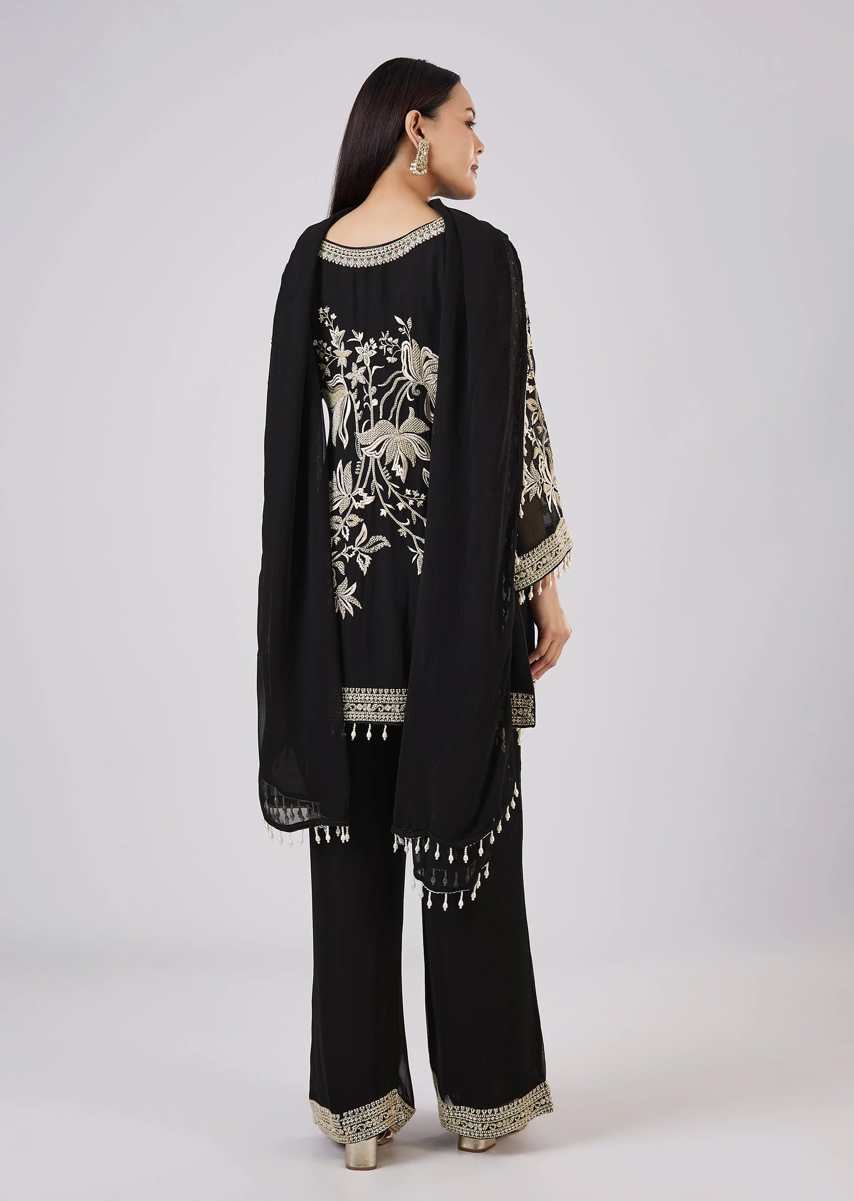 Black Georgette Palazzo Set With Resham Work - Image 5