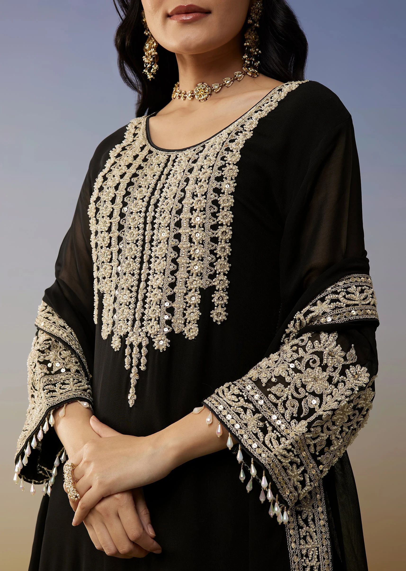 Black Georgette Palazzo Suits with Zari Work - Image 2