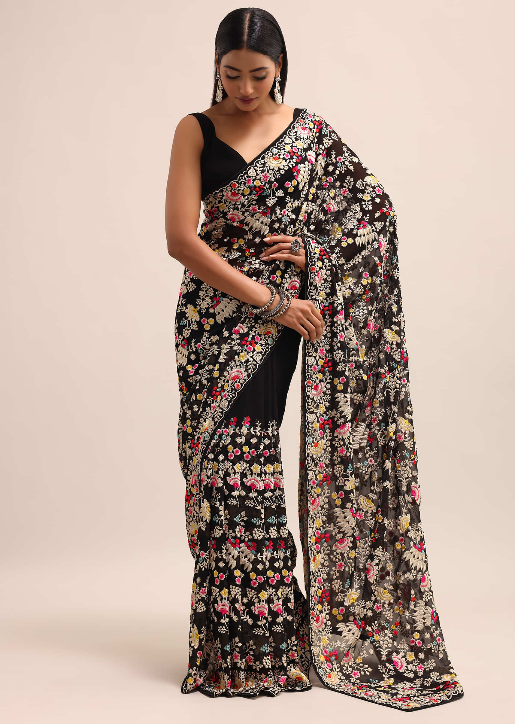 Black Georgette Parsi Gara Multi Color Saree With Unstitched Blouse - Image 3