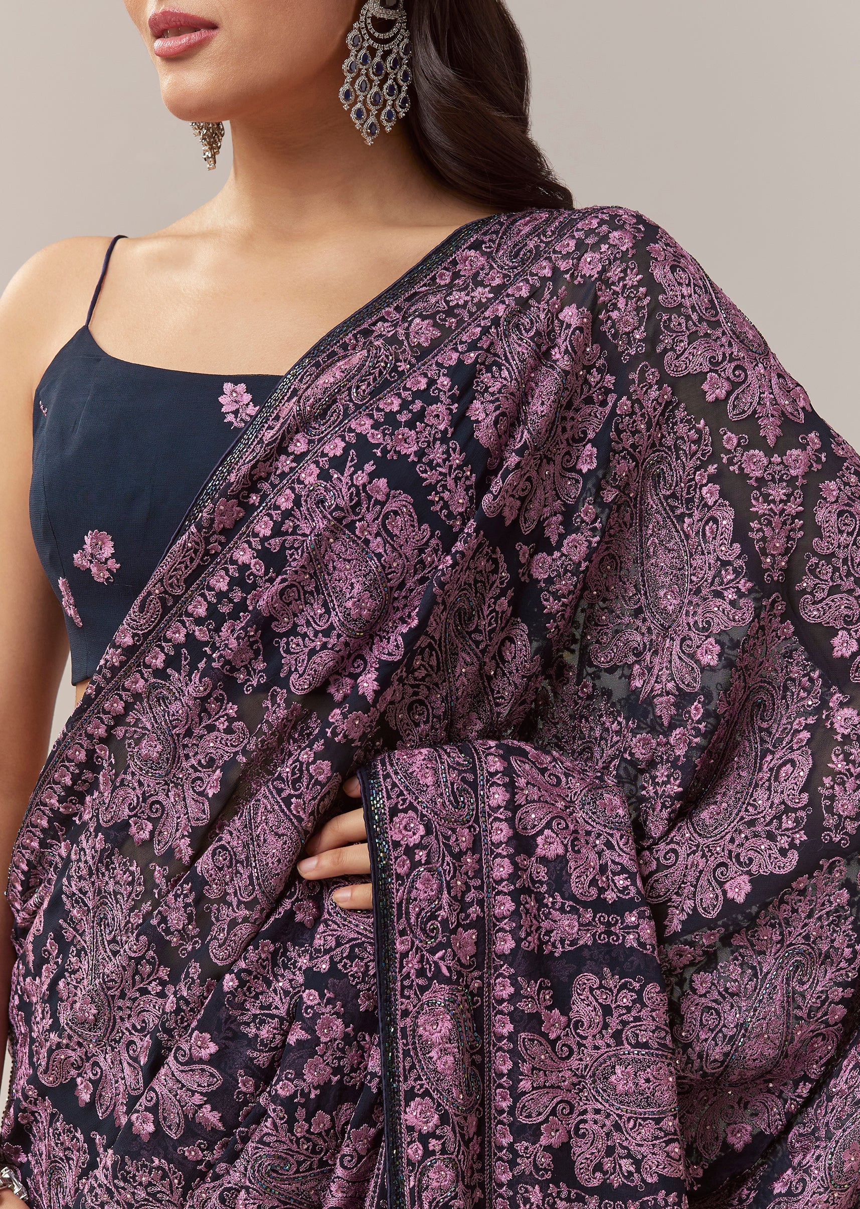 Black Georgette Saree With Kashmiri Kashida Embroidery And Cutdana Border - Image 2