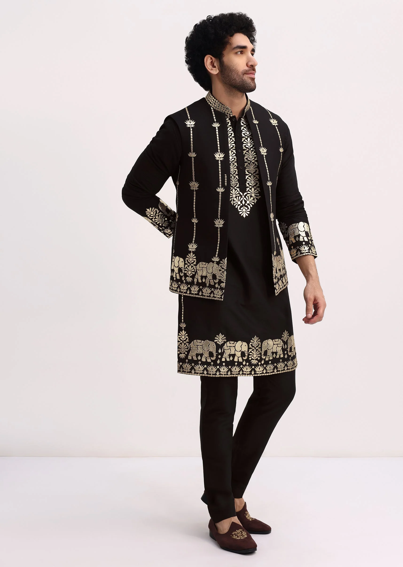 Black Gold Foil Apllique Work Kurta Jacket Set - Image 4