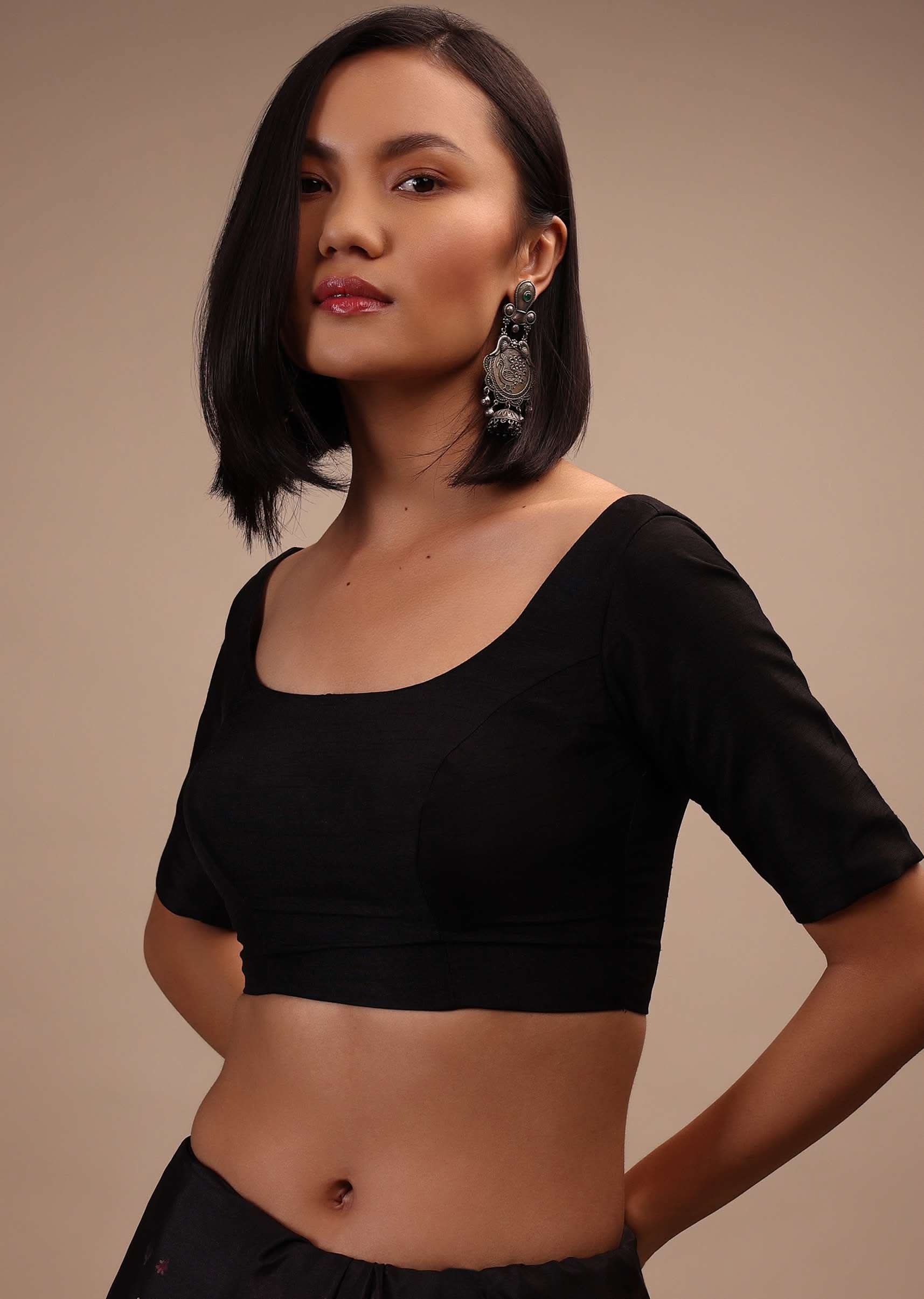 Black Half-Sleeveless Blouse In Scallop Neckline Raw Silk With Back Hook Closure.Padded With A Straight Hemline - Image 3