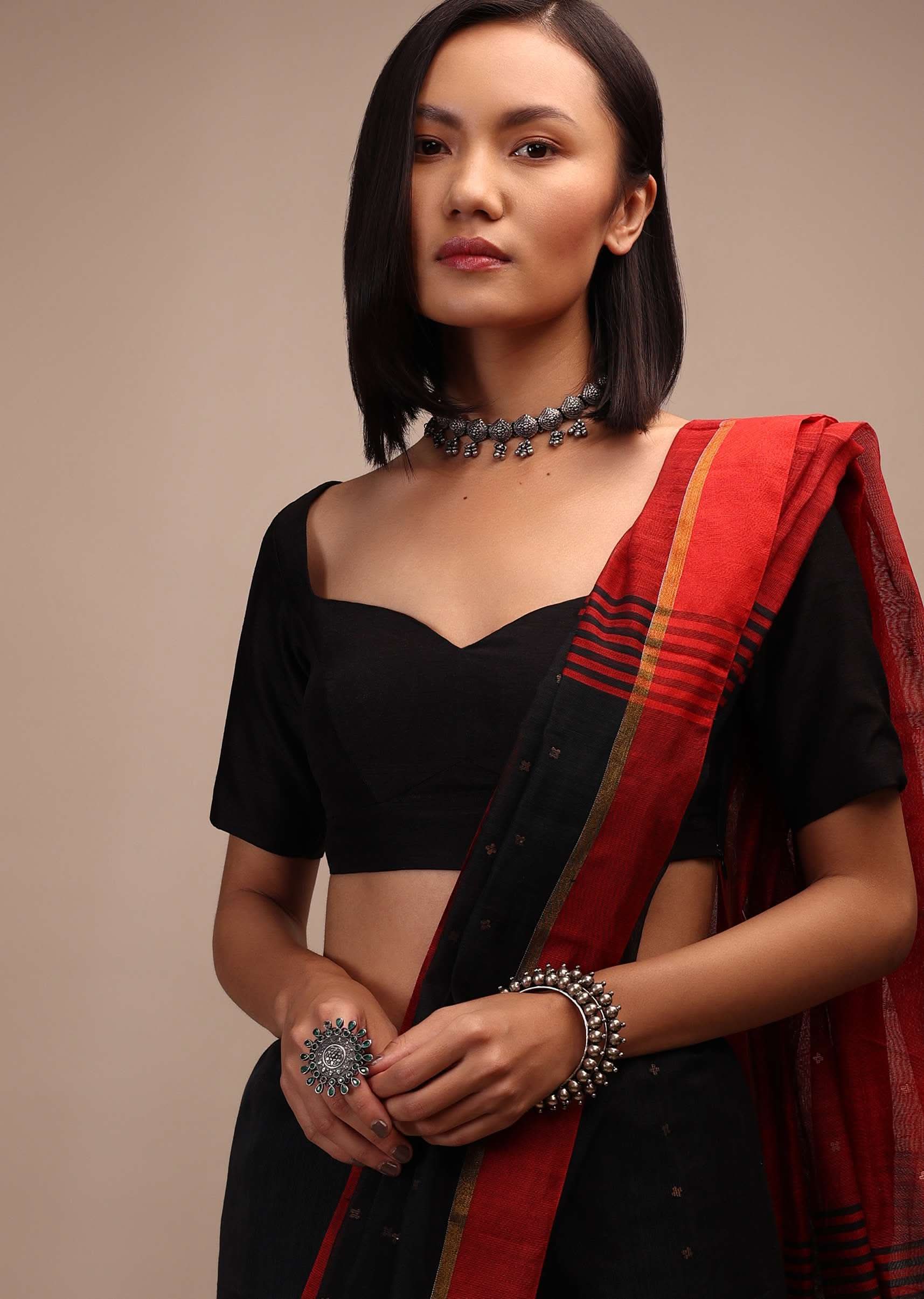 Black Half Sleeves Blouse Ina Sweetheart Neckline Straight Hemline With Back Zip Closure
