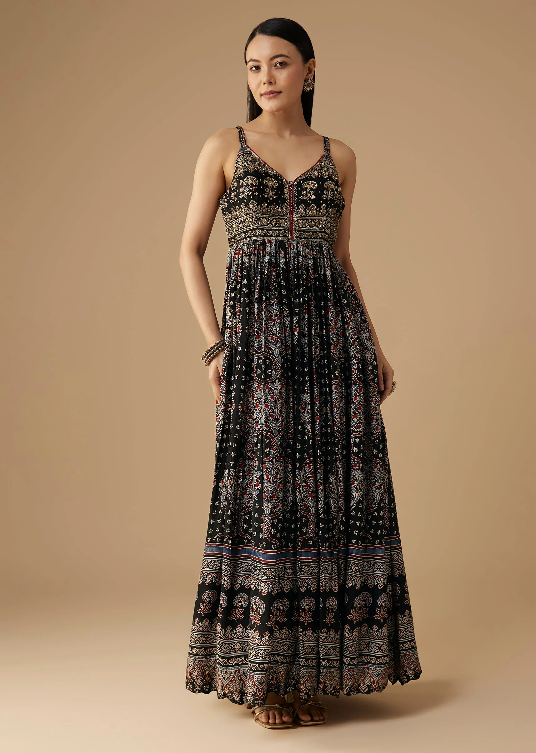 Black Hand Dyed Ajrakh Gown Set with Jacket and Scarf - Image 6