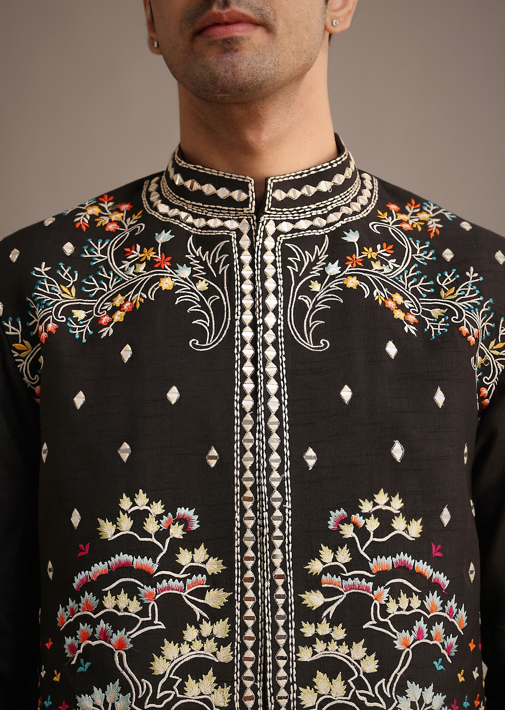 Black Hand Embellished Mirror Work Jacket And Kurta Set In Silk - Image 2
