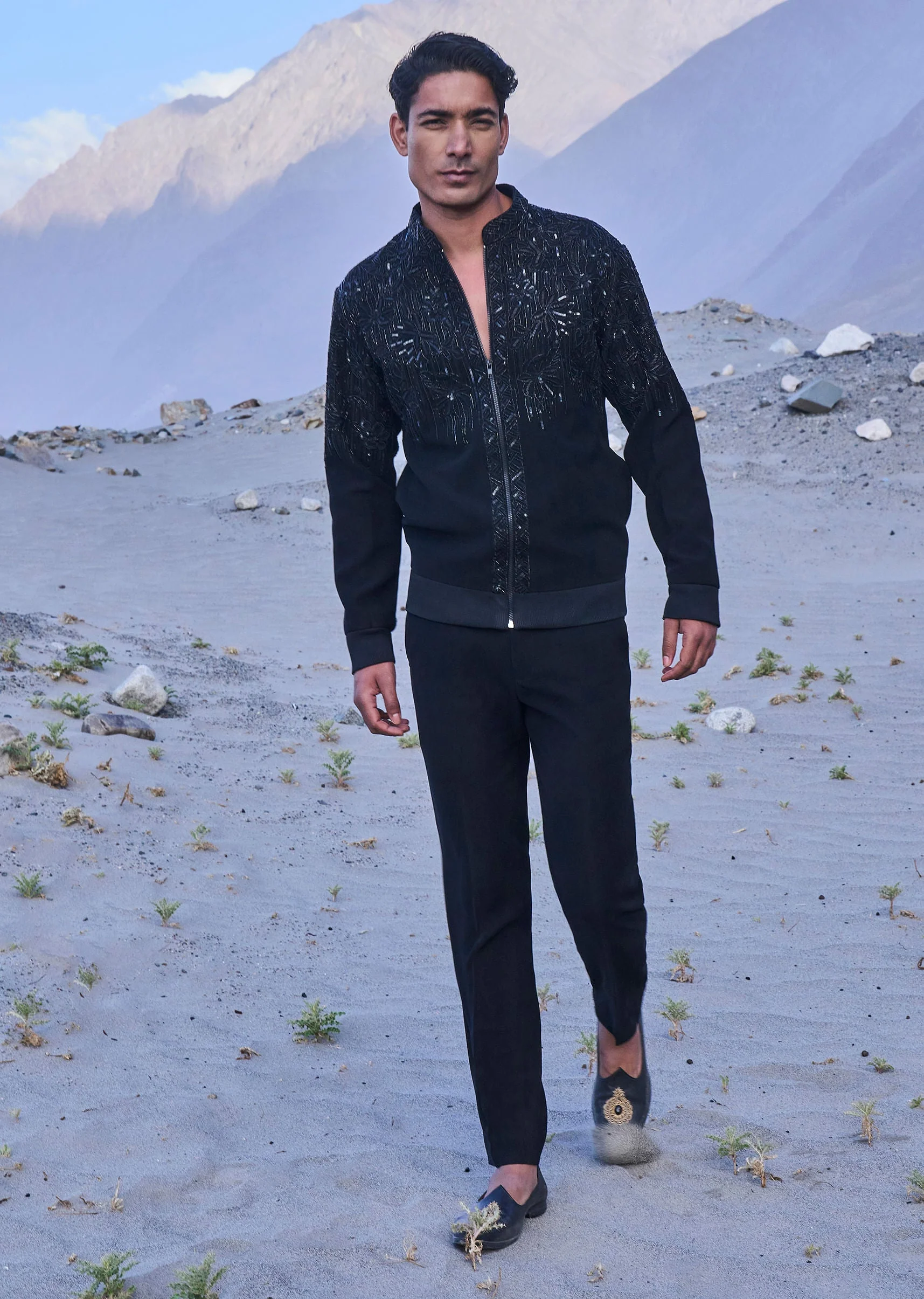 Black Hand Embroidered Full Sleeve Bomber Jacket And Pants - Image 4