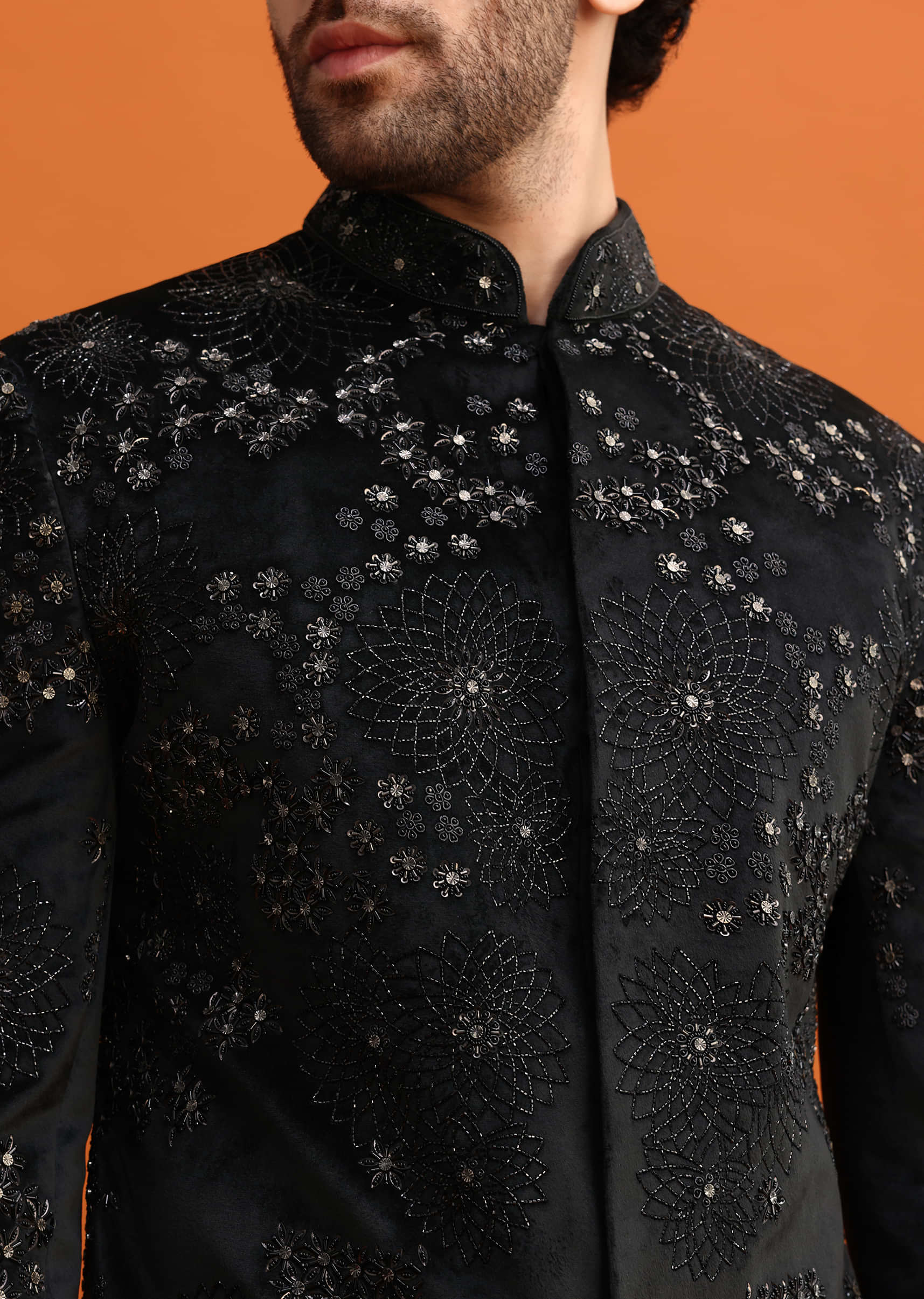 Black Hand Embroidered Velvet Indowestern Set For Men - Image 2