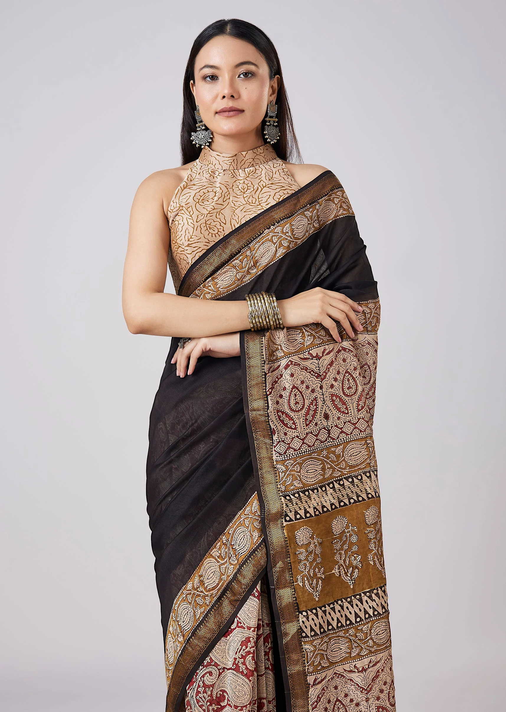Black Hand Painted Saree with Blouse - Image 5