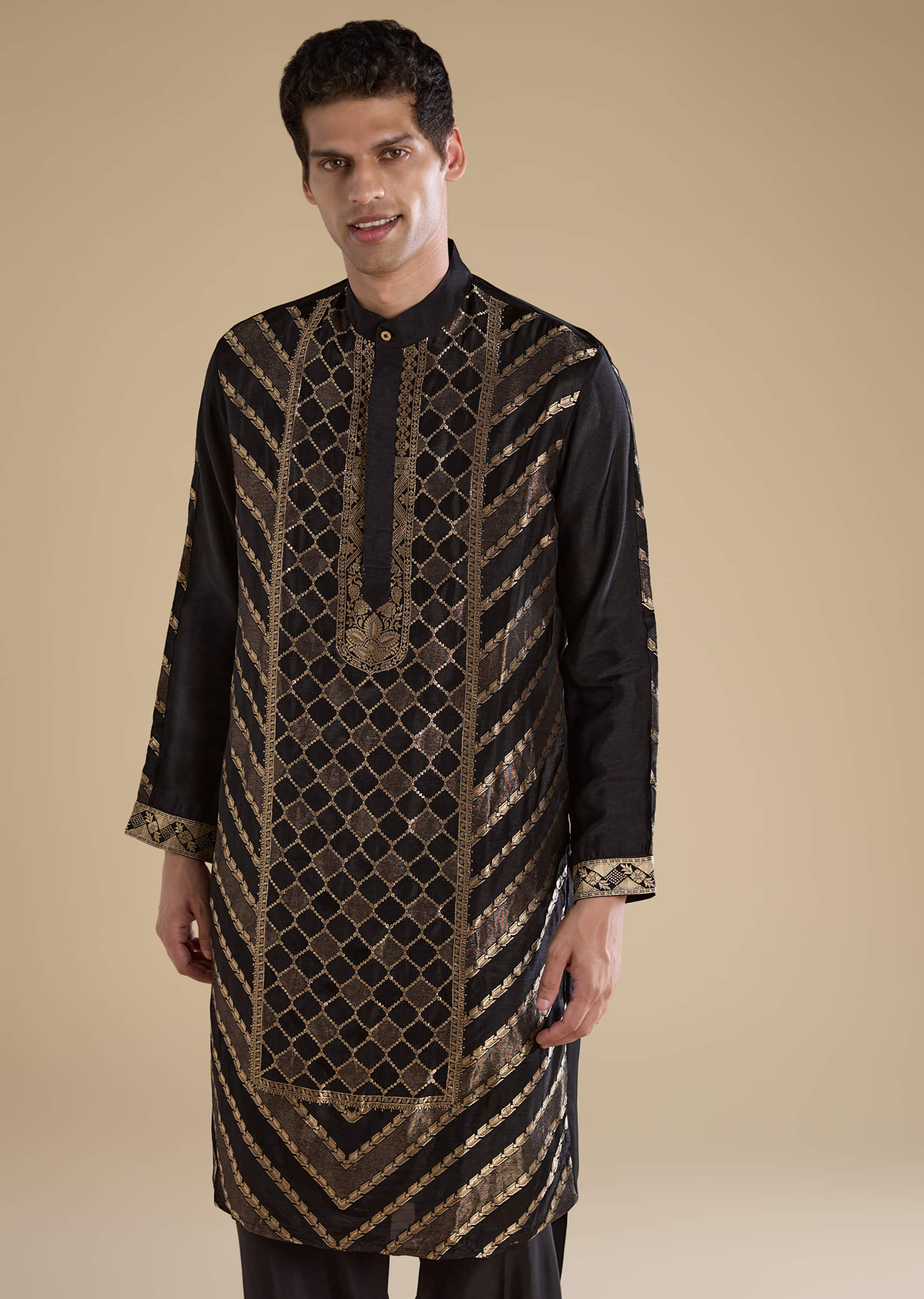 Black Handwoven Jacquard Silk Mens Kurta Pant Set - Image 4