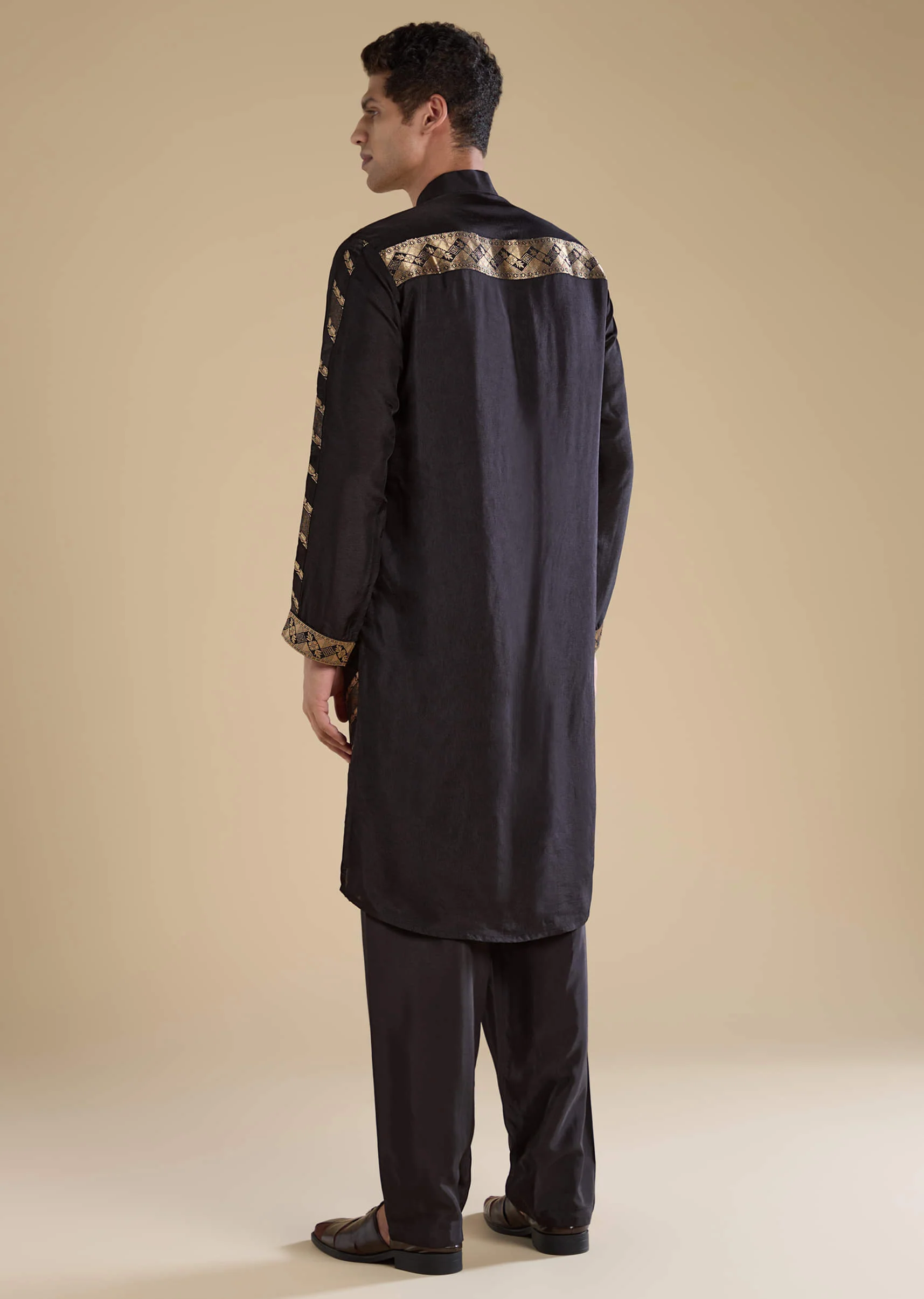 Black Handwoven Jacquard Silk Mens Kurta Pant Set - Image 5