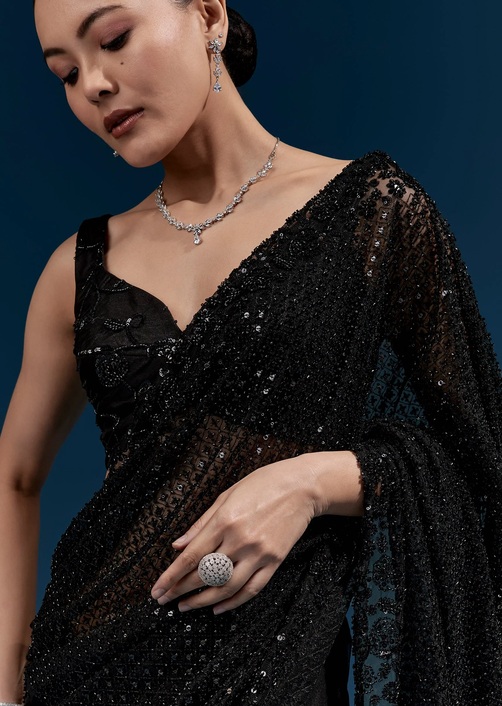 Black Heavy Embroidered Net Saree With Cutwork Border And Jaal Work - Image 2