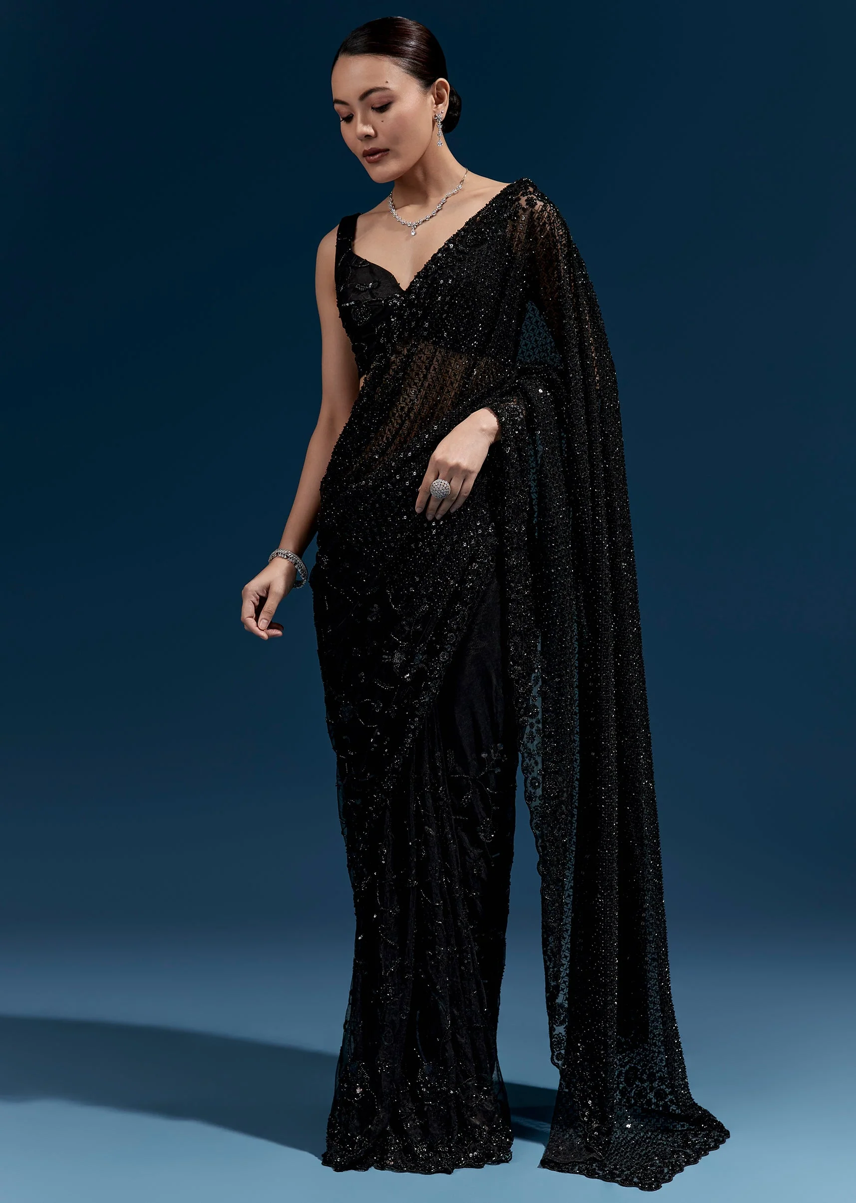 Black Heavy Embroidered Net Saree With Cutwork Border And Jaal Work - Image 3