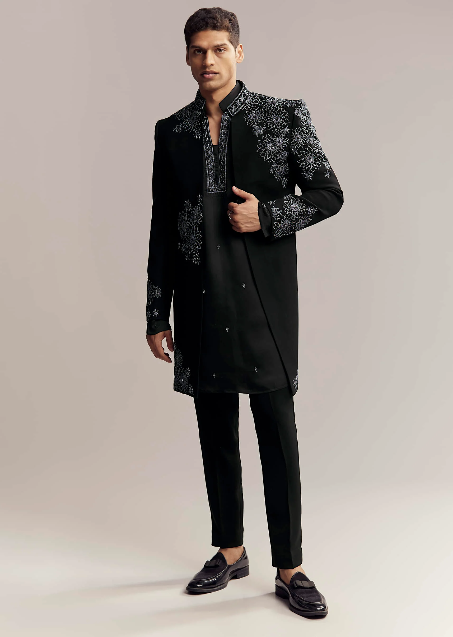 Black Imported Satin Organza Indo Western For Men With Zardosi Embroidery