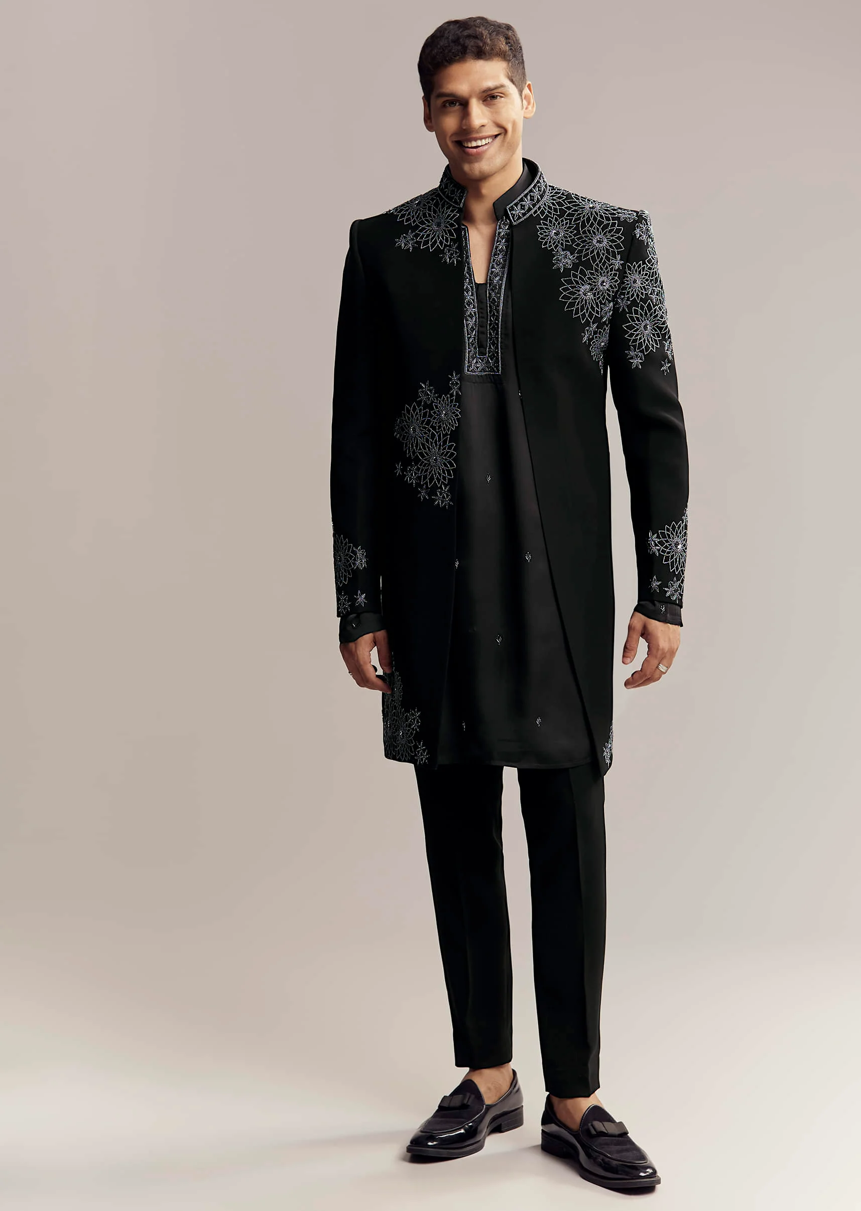 Black Imported Satin Organza Indo Western For Men With Zardosi Embroidery - Image 3