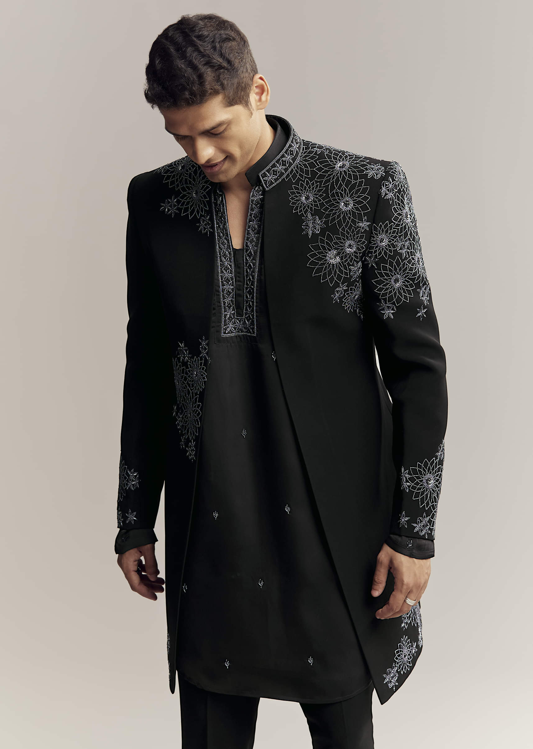Black Imported Satin Organza Indo Western For Men With Zardosi Embroidery - Image 4