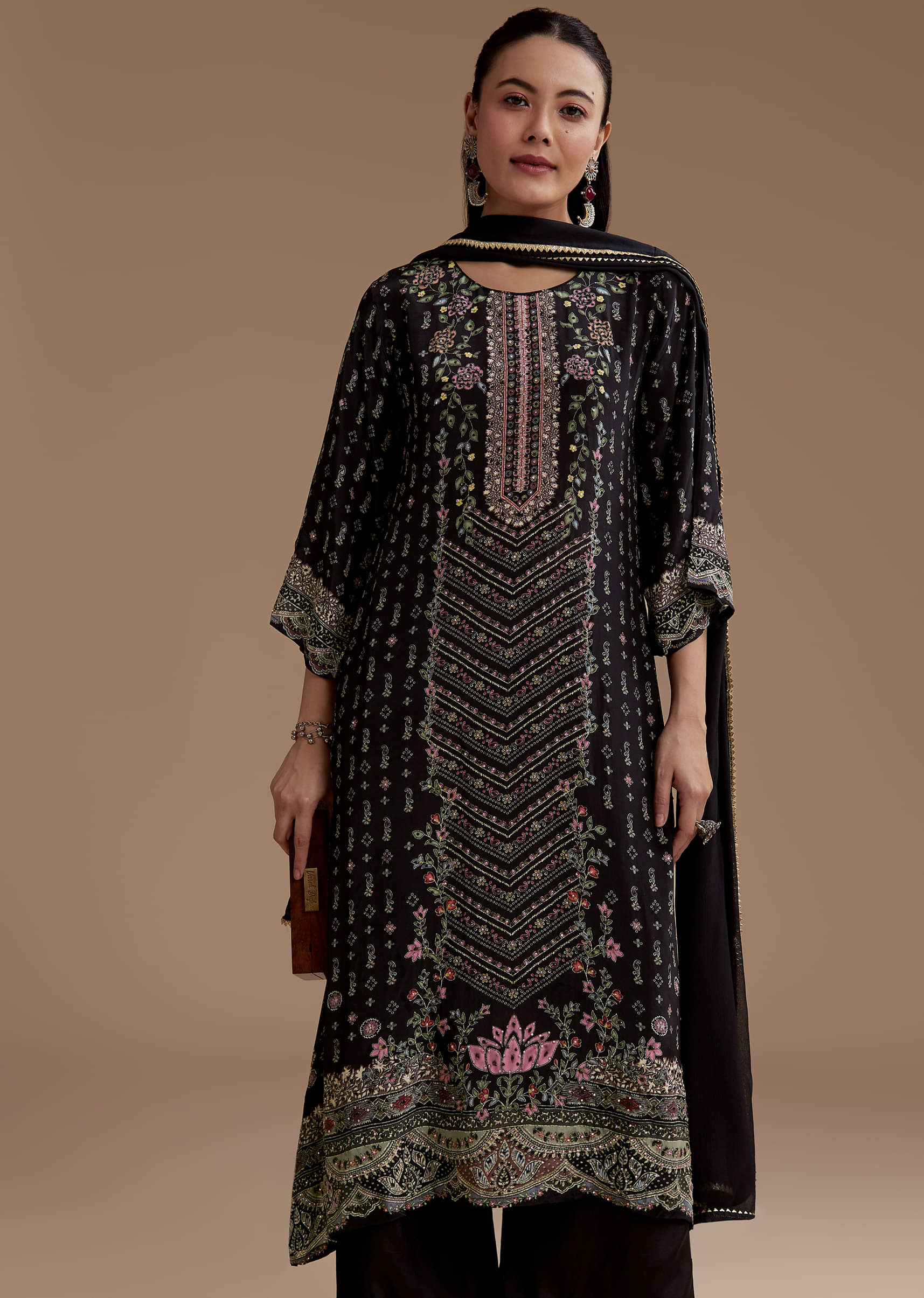 Black Indie Print Kurta Set with Stone Work - Image 4