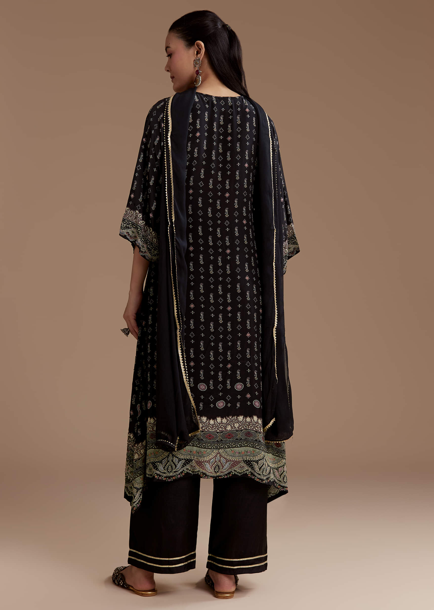 Black Indie Print Kurta Set with Stone Work - Image 5