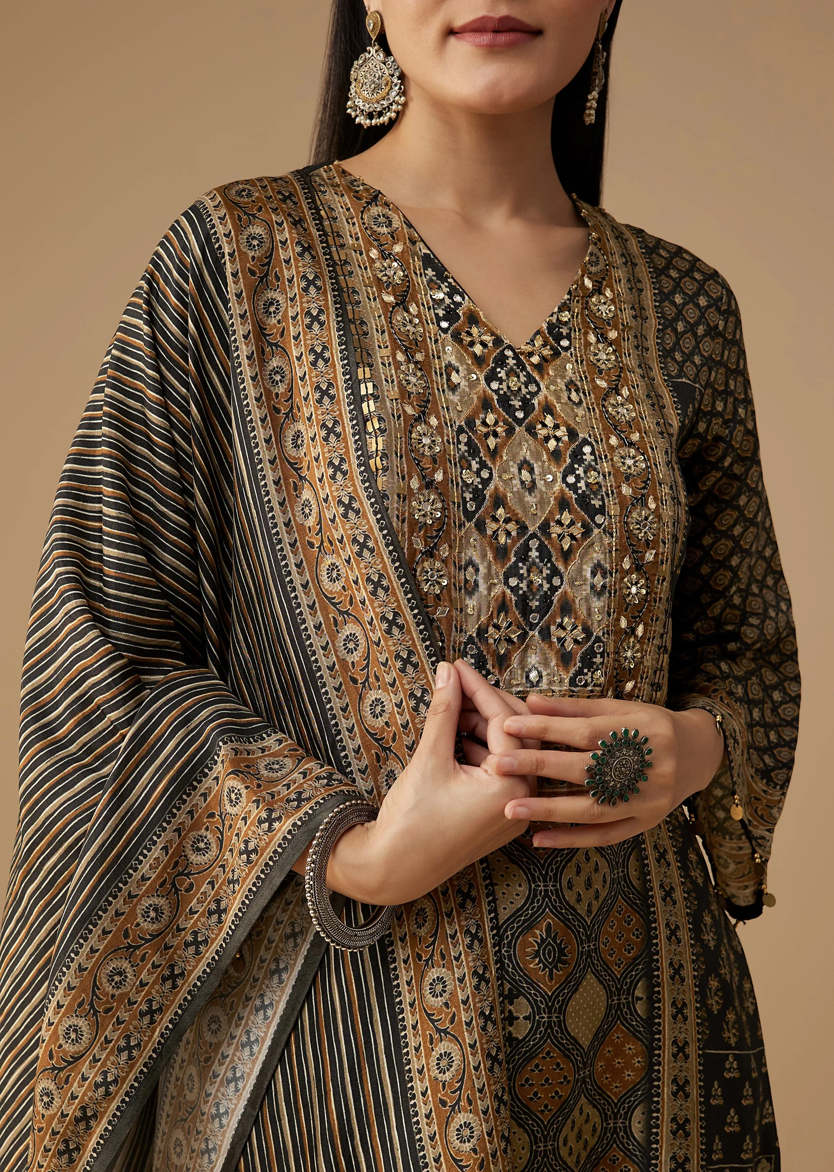 Black Indie Printed Silk Kurta Pant Set - Image 2