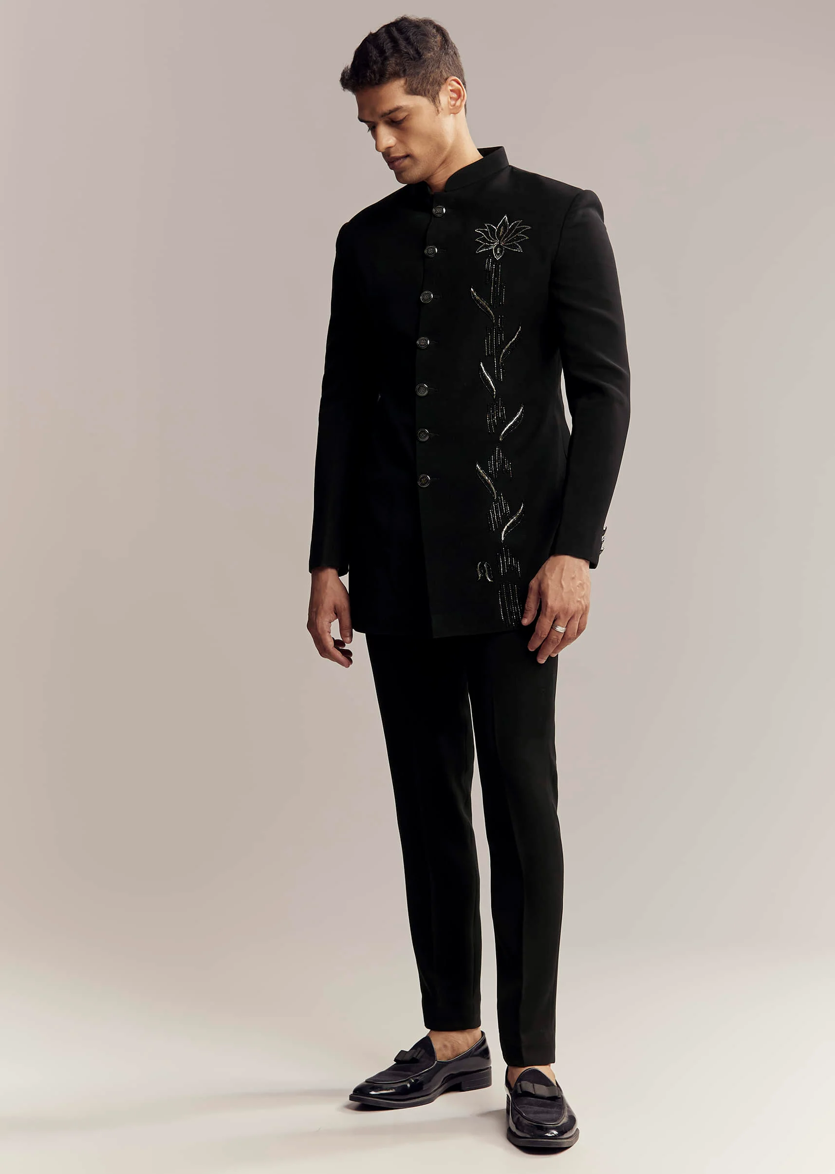 Black Indo Western For Men With Heavy Embroidery On Suiting Fabric - Image 3
